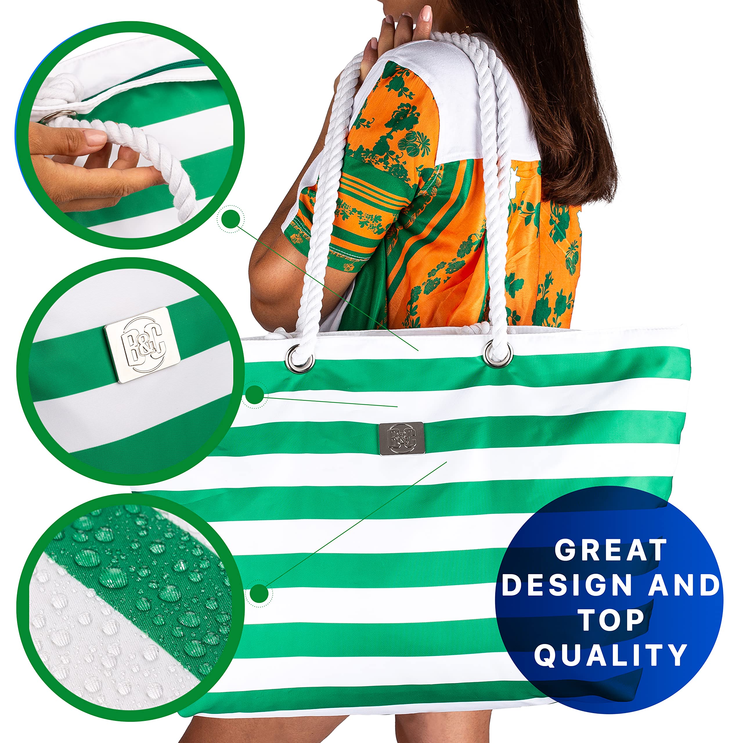 Waterproof XL Beach Tote Bag with Zipper & Pockets - Perfect for Travel & Pool Days