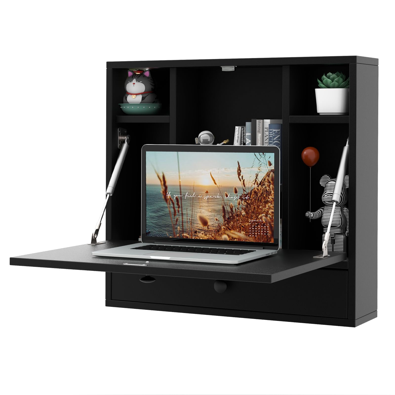 Tangkula Wall Mounted Folding Desk - Space Saving Floating Laptop Table with Storage Drawer & Shelves for Home Office (Black) - Perfect for Small Spaces, Dorm Rooms & Studio Apartments