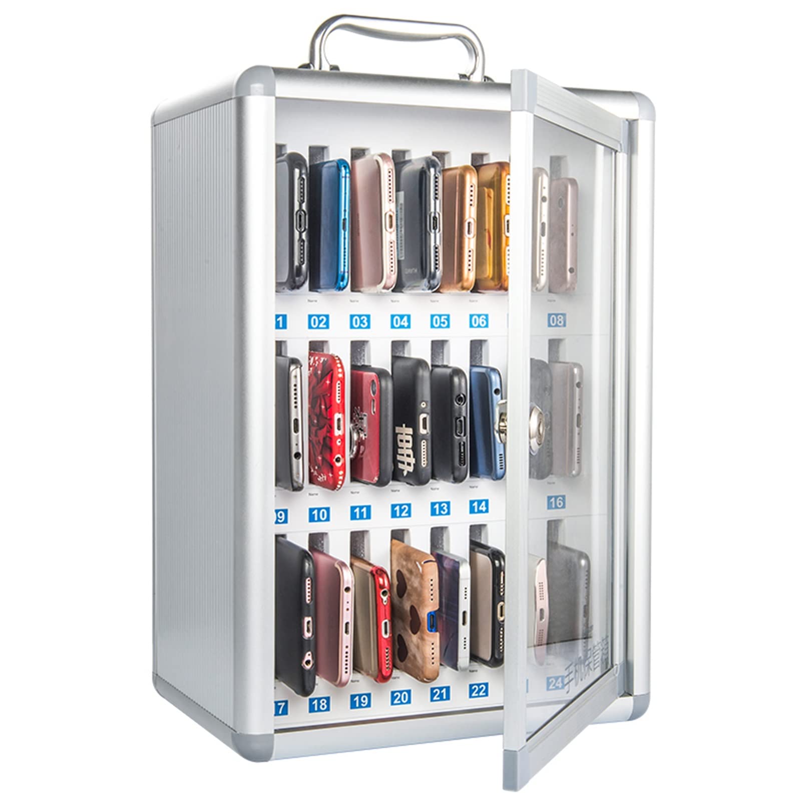 24-Slot Aluminum Alloy Wall Mounted Phone Storage Cabinet - Lockable Clear Mobile Phone Organizer for Student Dorm, Office & Retail Store (Silver) - Perfect for Organizing Smartphones, Tablets & Accessories