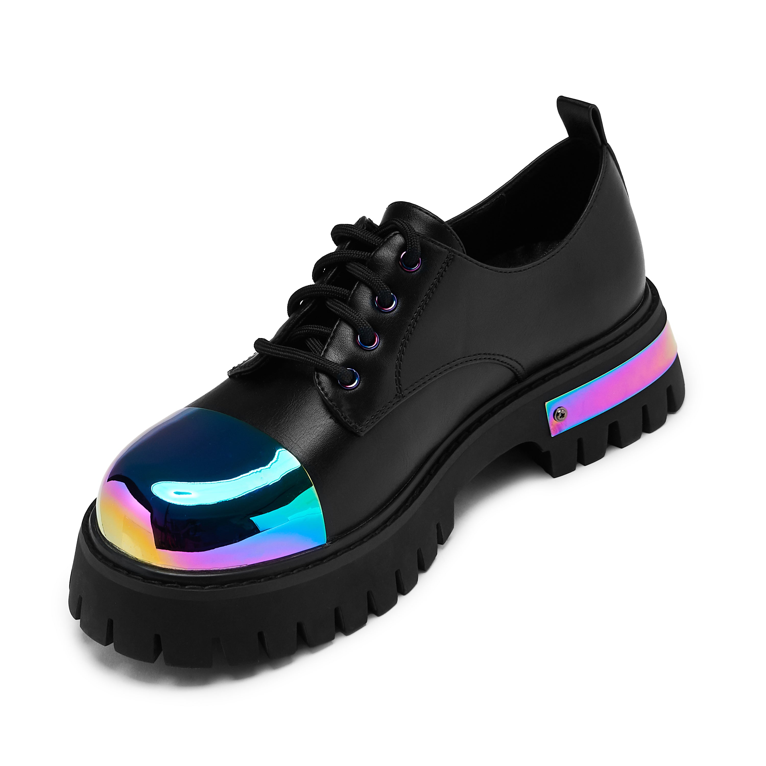 Shelob Rainbow Metallic Toe Cap Lace Up Sneakers - Black | Trendy Streetwear Fashion Shoes for Women & Men | Perfect for Casual Wear, Parties & Outdoor Activities