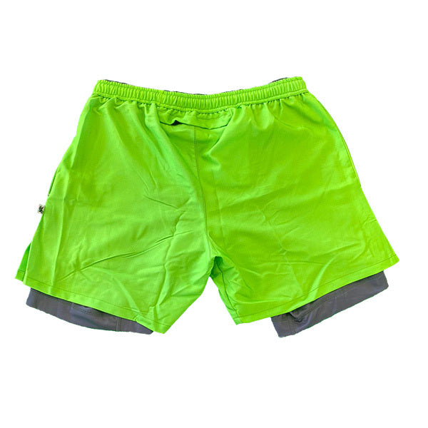 Men's 2-in-1 Solid Compression Shorts with Charcoal Liner - Neon Green & Black - 7