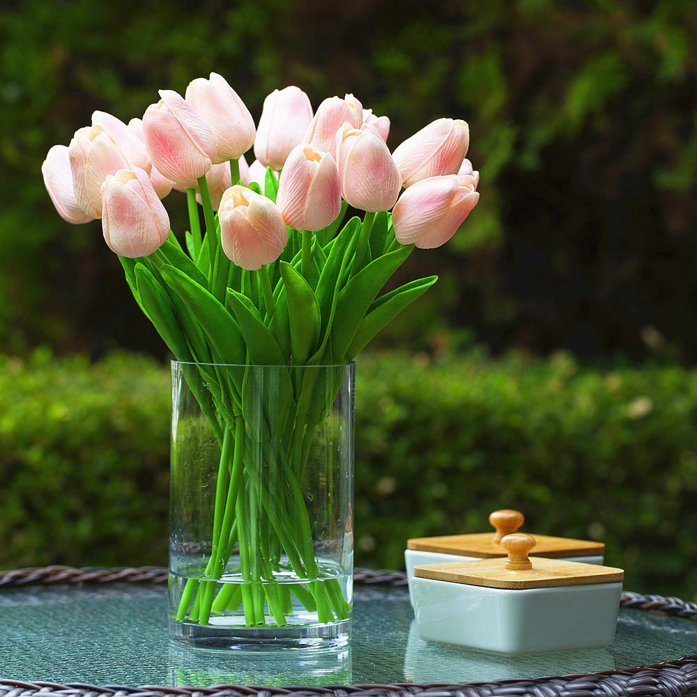 ENOVA HOME 20-Piece Real Touch Artificial Tulip Flowers in Glass Vase with Faux Water - Pink Silk Tulips Bouquet for Home Decor, Wedding Centerpieces & Office Desk Arrangement