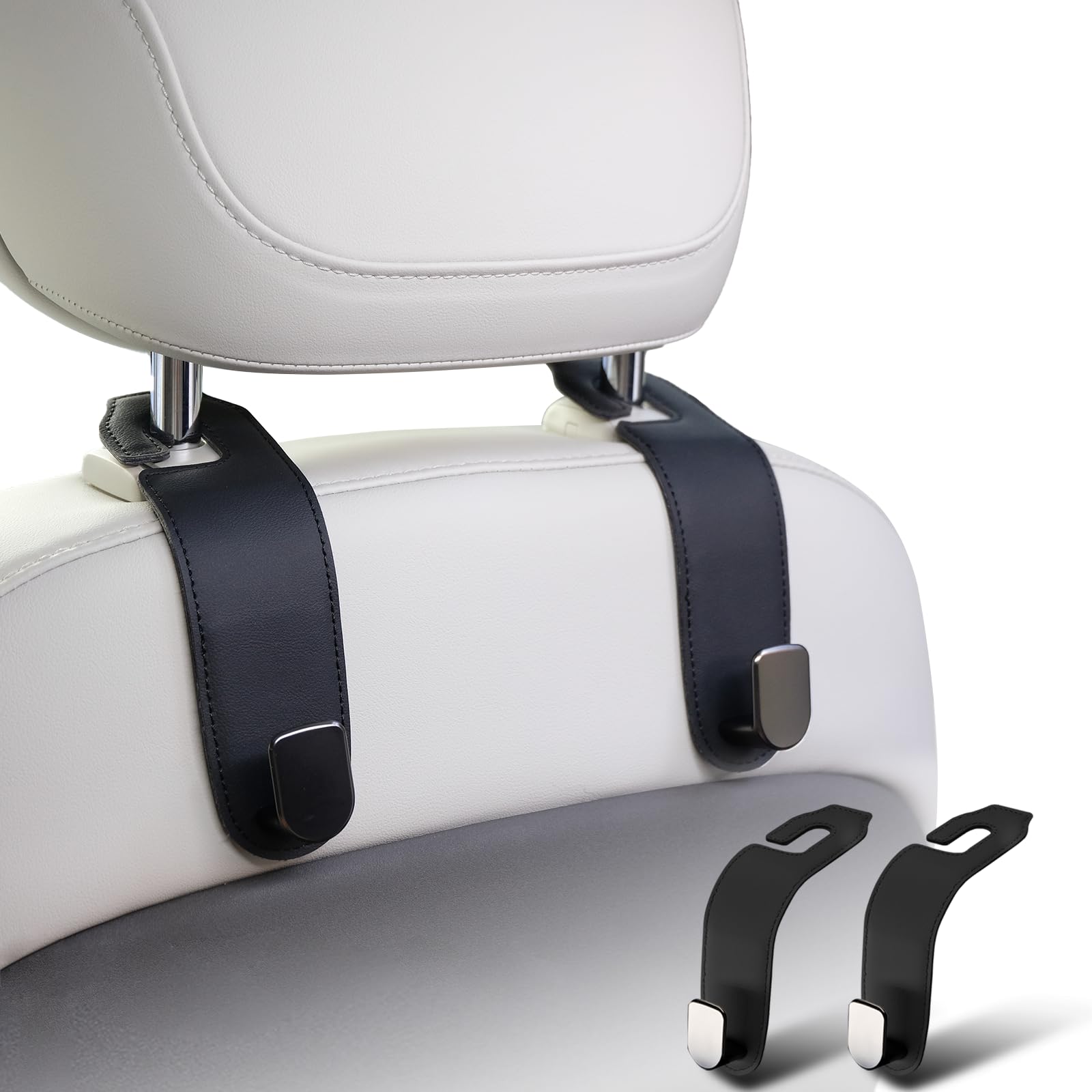 2 Pack Premium Leather Car Headrest Hooks - Heavy Duty Car Seat Organizer for Purses, Bags, Groceries & Travel Essentials (Black) | Perfect for Road Trips, Commuting & Daily Car Organization