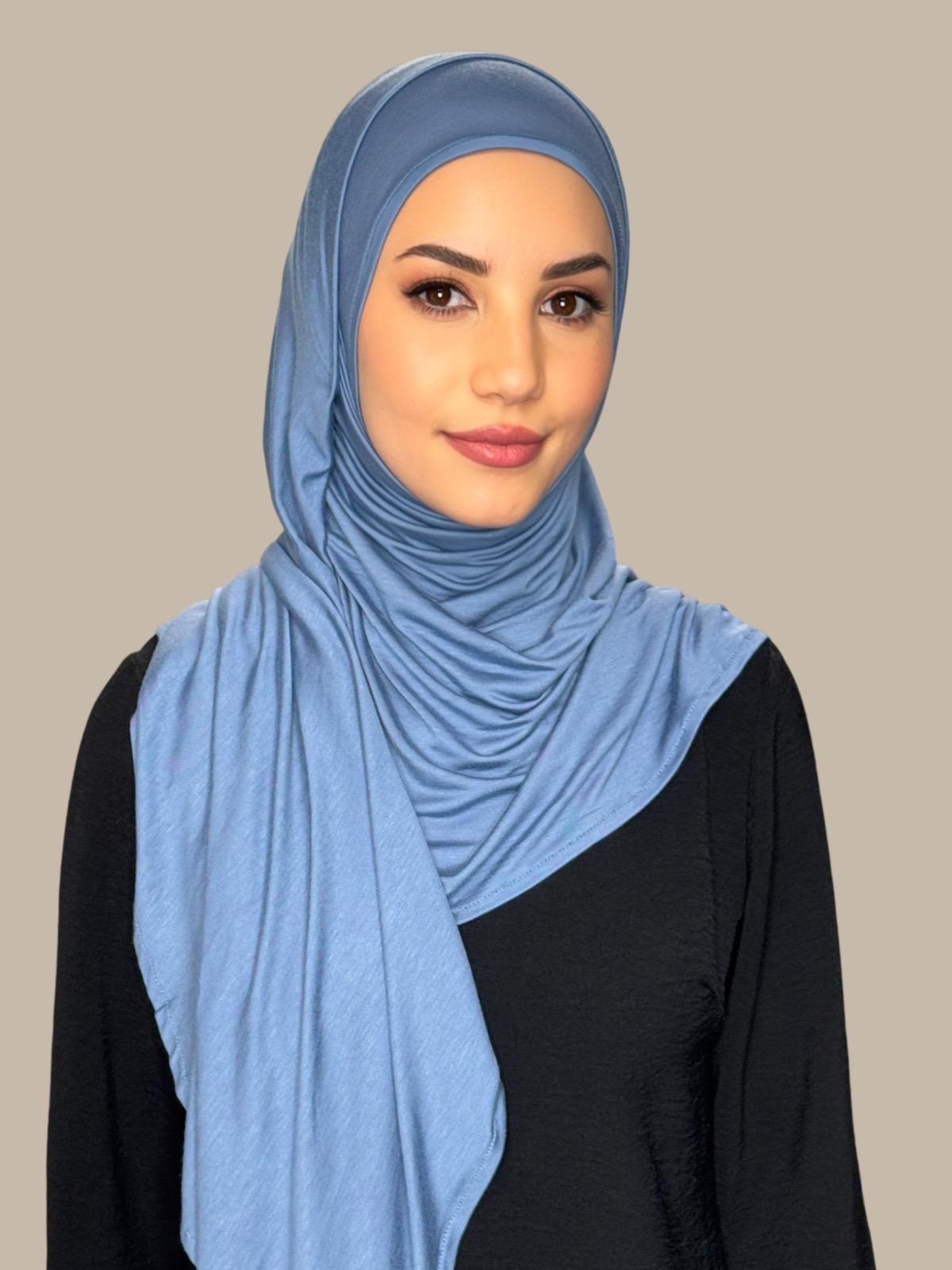 Pre Sewn Jersey Hijab in Blue & Grey - Soft & Comfortable Muslim Headscarf for Daily Wear & Prayer