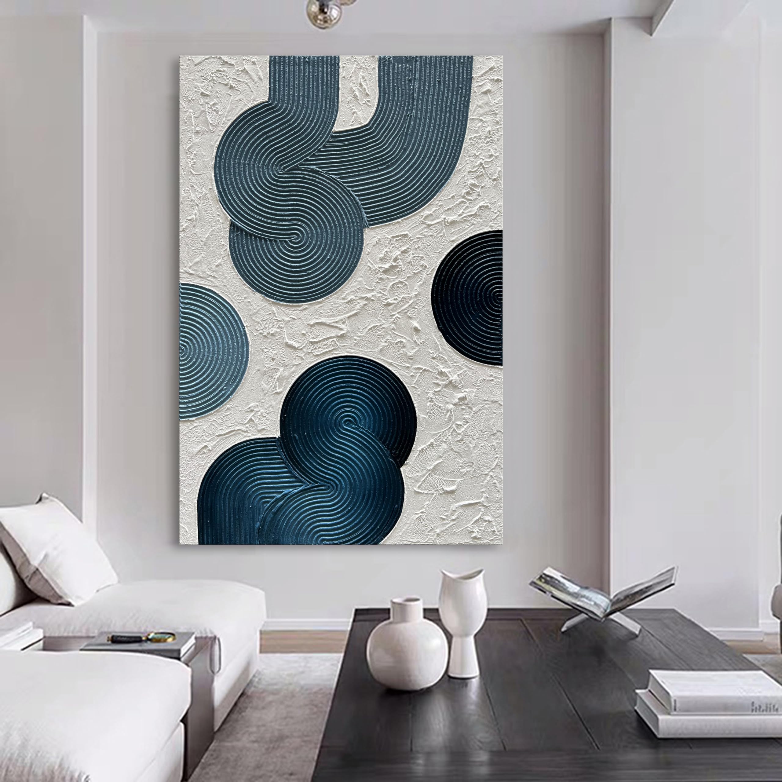 Hand-Painted Blue Abstract Oil Painting - Thick Texture Modern Minimalist Wall Art - 45x30 Inch Large Canvas Decor for Living Room, Bedroom & Office