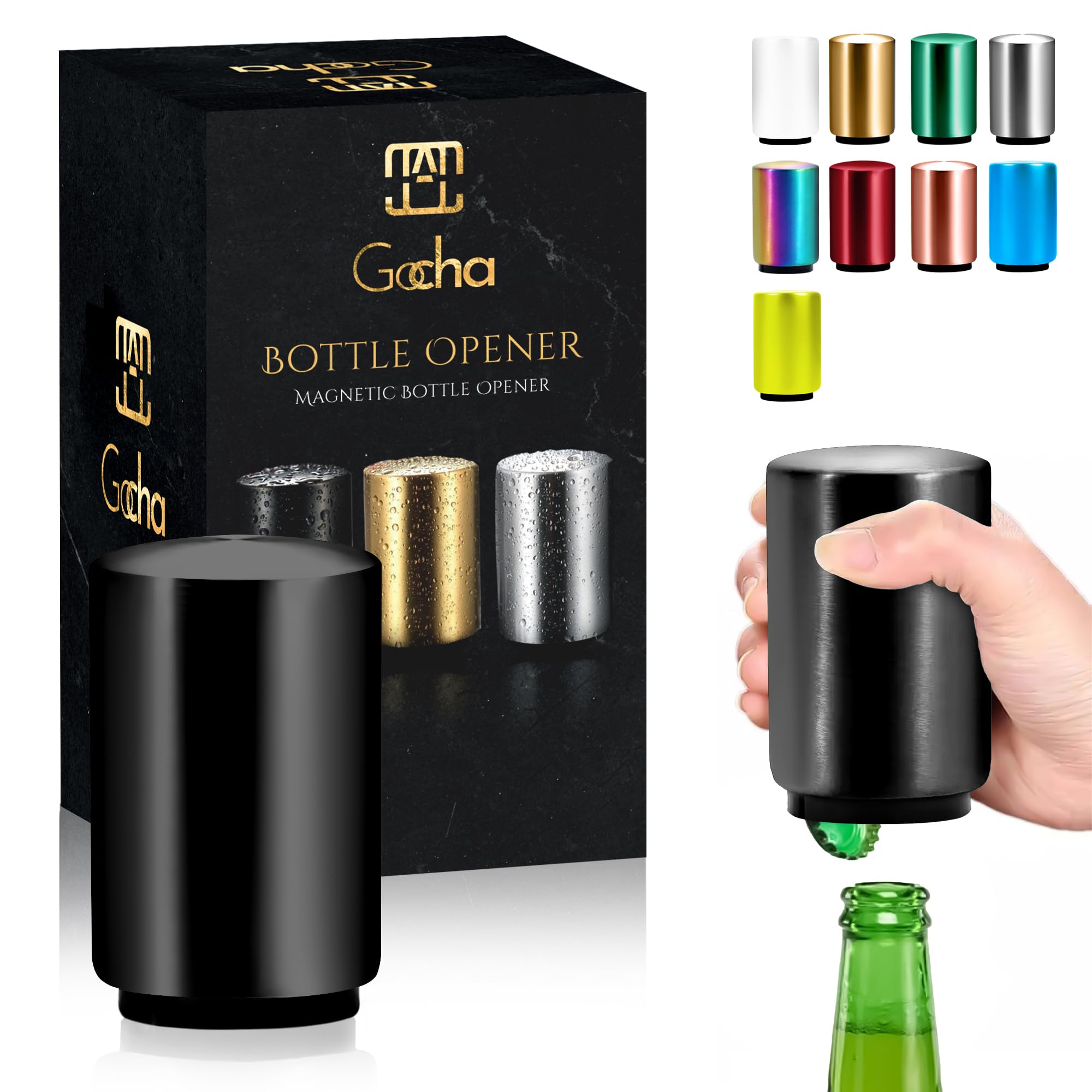 Magnetic Bottle Opener - Automatic Push & Pull Beer Cap Opener with Stainless Steel Catcher - Pack of 1 (Black) - Perfect for Home Bars, Kitchens, Camping & Outdoor Parties
