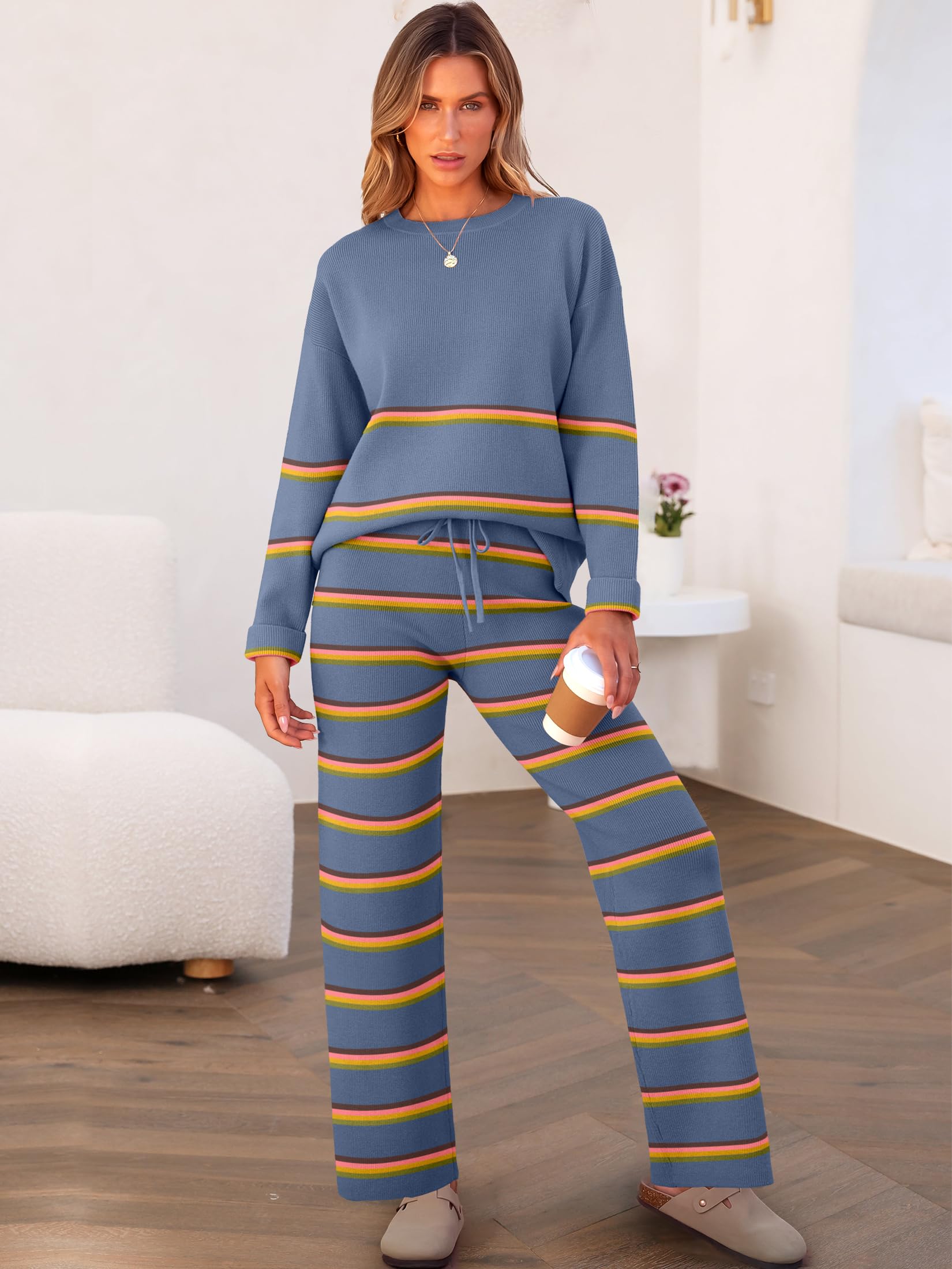 Caracilia Women's 2 Piece Sweater Set - Striped Oversized Knit Sweater with Wide Leg Lounge Pants | Cozy Fall Outfit 2024 | Perfect for Home Relaxation, Casual Outings & Autumn Photoshoots