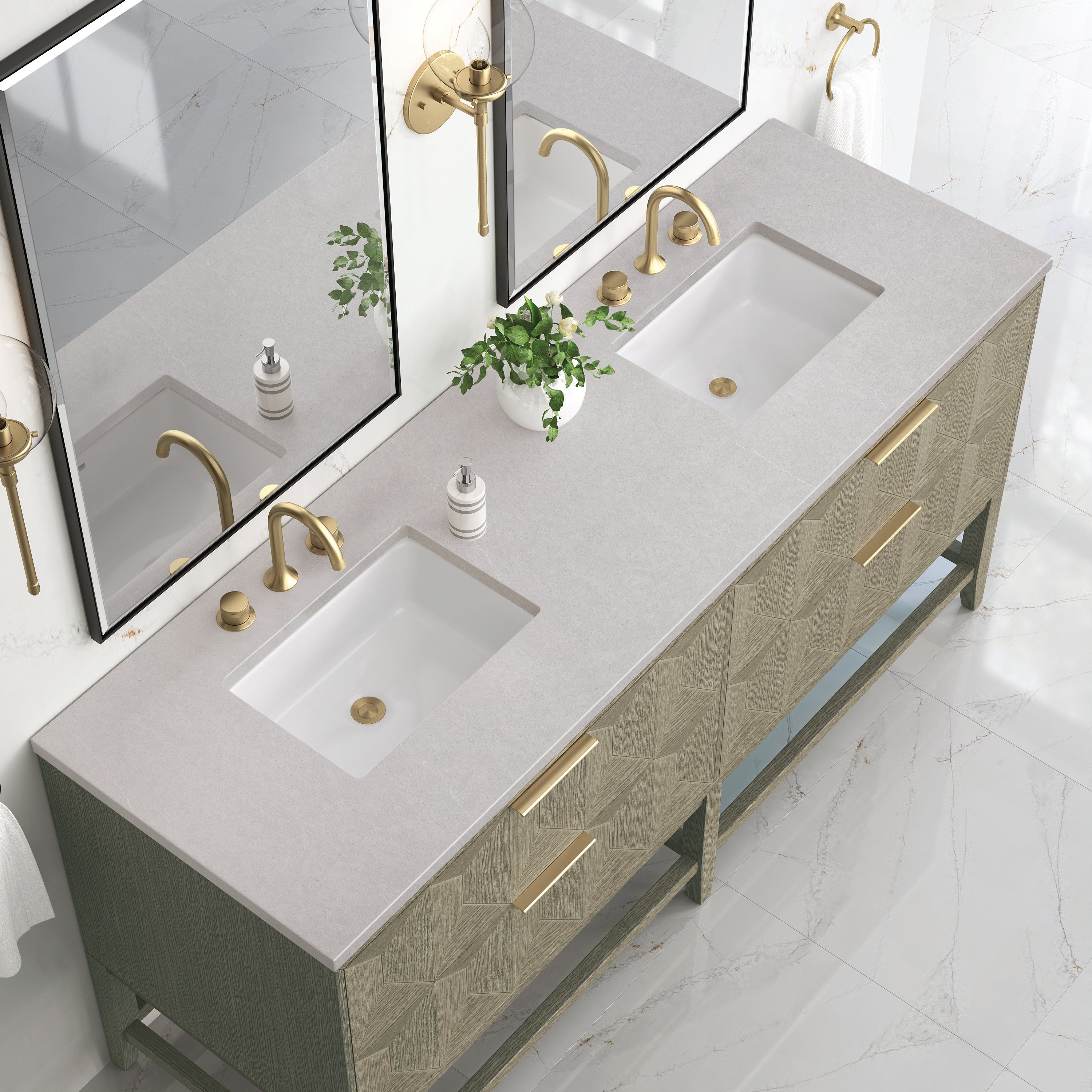 Emmeline 72 Inch Double Bathroom Vanity with Pebble Oak Finish & 3CM Eternal Serena Quartz Top - Perfect for Master Bathroom Renovation & Modern Home Decor