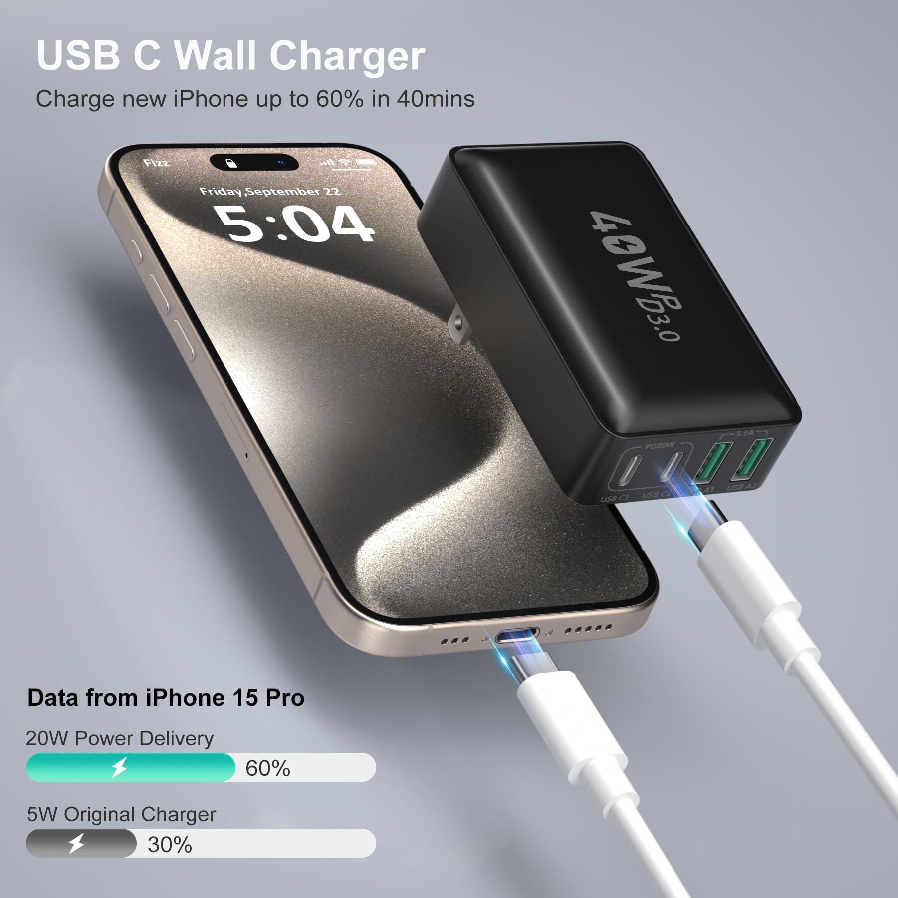 40W 4-Port USB C Fast Charger Block with Dual PD+QC - Slim Foldable Wall Charger Adapter for iPhone 16/15 Pro Max/14/13, iPad, Galaxy S23, Smartwatch - Perfect for Travel, Office & Home Use (2-Pack, Black)