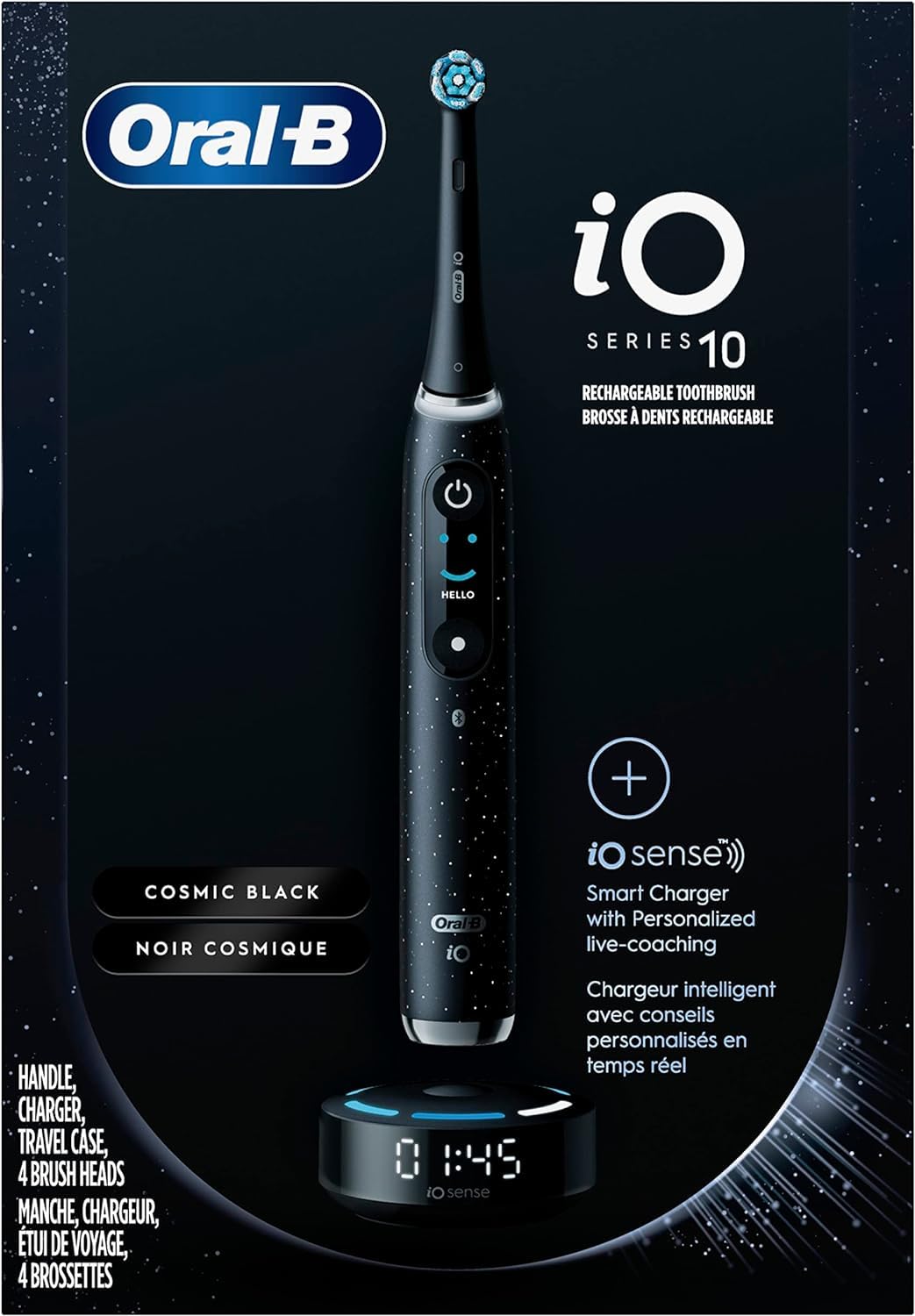 Oral-B iO Series 10 Electric Toothbrush - Smart Pressure Sensor, 7 Modes, 4 Brush Heads & Travel Case - Perfect for Home & Travel Dental Care (Black)