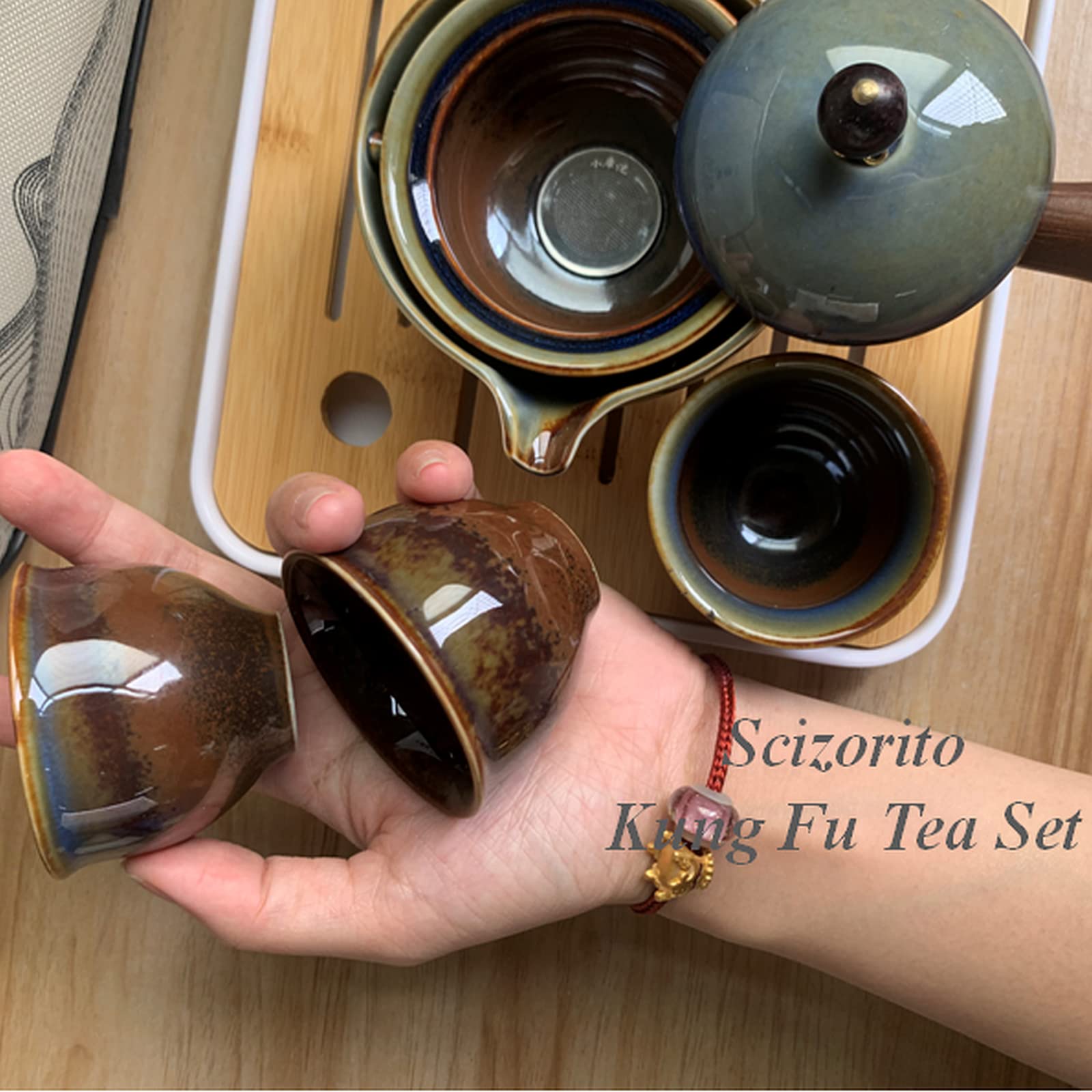 Premium Ceramic Travel Tea Set - 360° Rotating Teapot with Infuser, 4 Cups & Bamboo Tray - Portable Chinese Kungfu Tea Gift Set with Carrying Case (Kiln Fired) - Perfect for Camping, Office & Home Tea Ceremonies