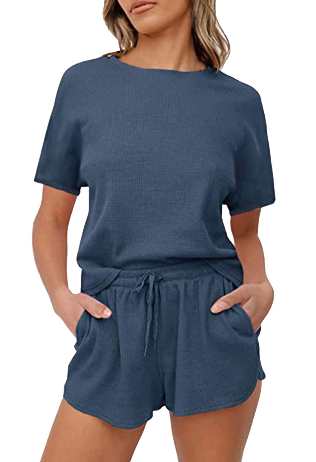 Linsery Women's Waffle Knit Pajama Set - Short Sleeve Top & Lounge Shorts 2-Piece Comfy Sleepwear for Nightwear, Loungewear & Summer Outfits
