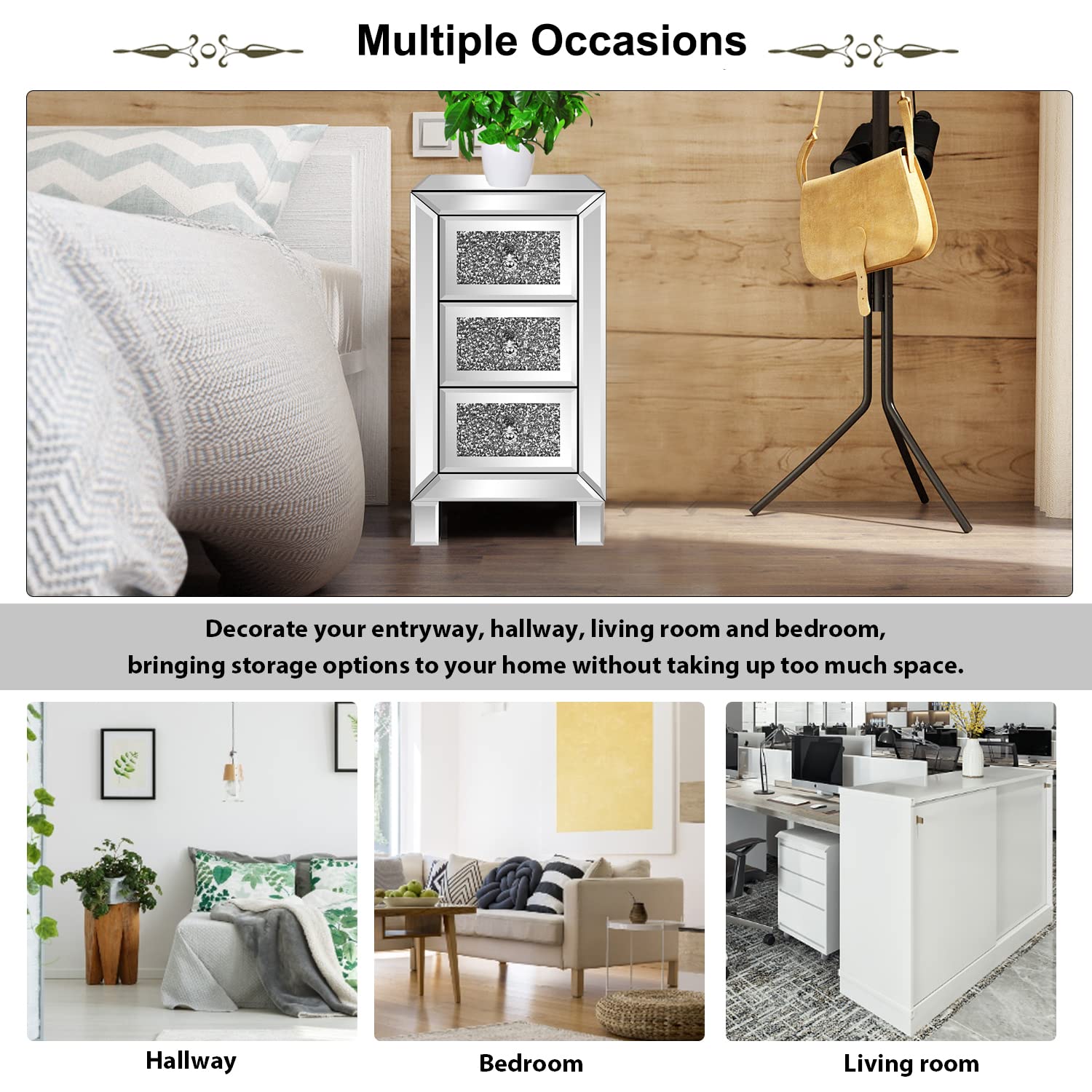 Modern Mirrored 3-Drawer Nightstand with Crystal Knobs - Silver Finish Bedside Table for Bedroom & Living Room Storage