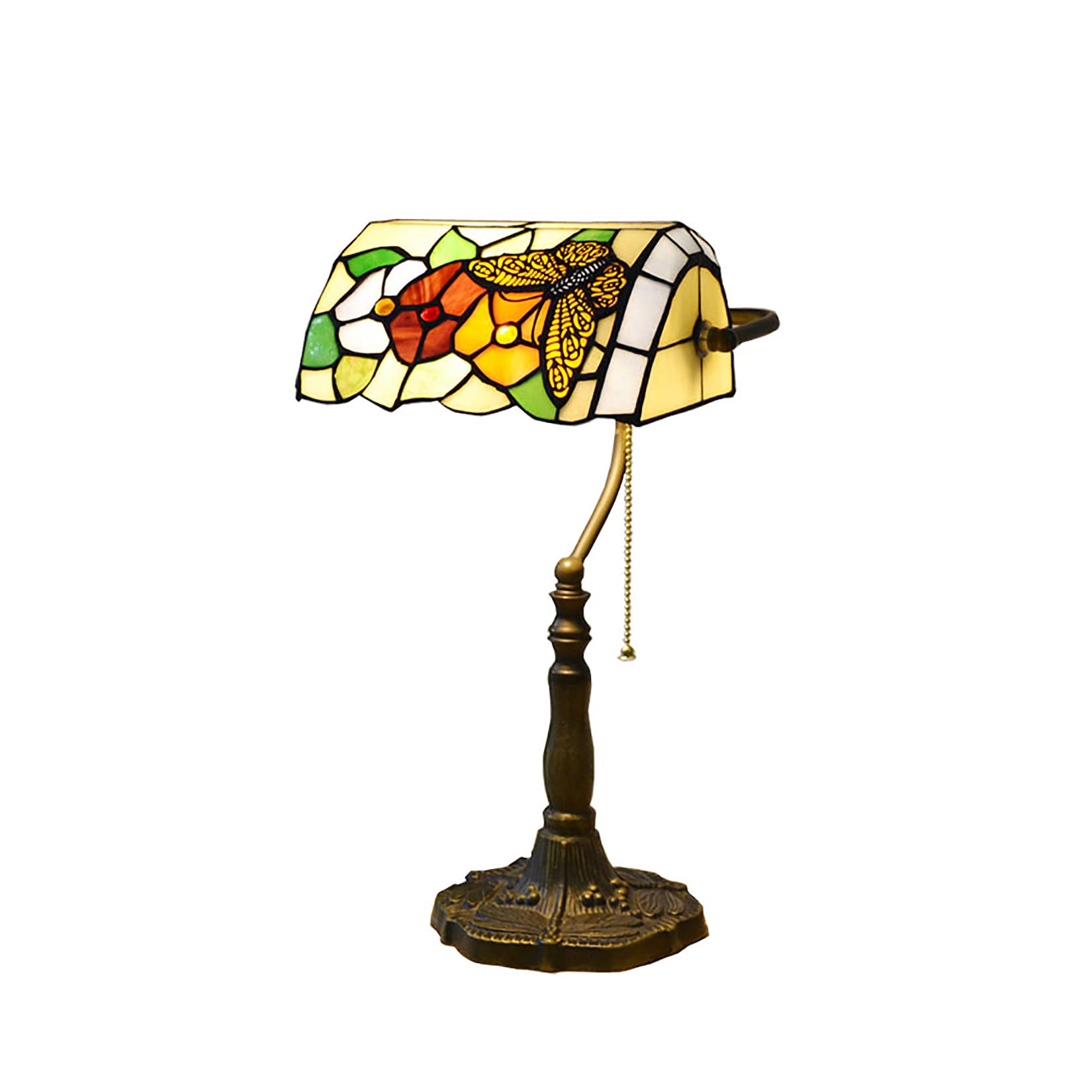 Tiffany-Style Bankers Table Lamp - Handmade Stained Glass Butterfly Flower Shade Desk Light with Zipper Switch & Round Alloy Base | Perfect for Home Office, Bedroom Nightstand, Reading Nook & Gift Giving (Dragonfly Resin Base)