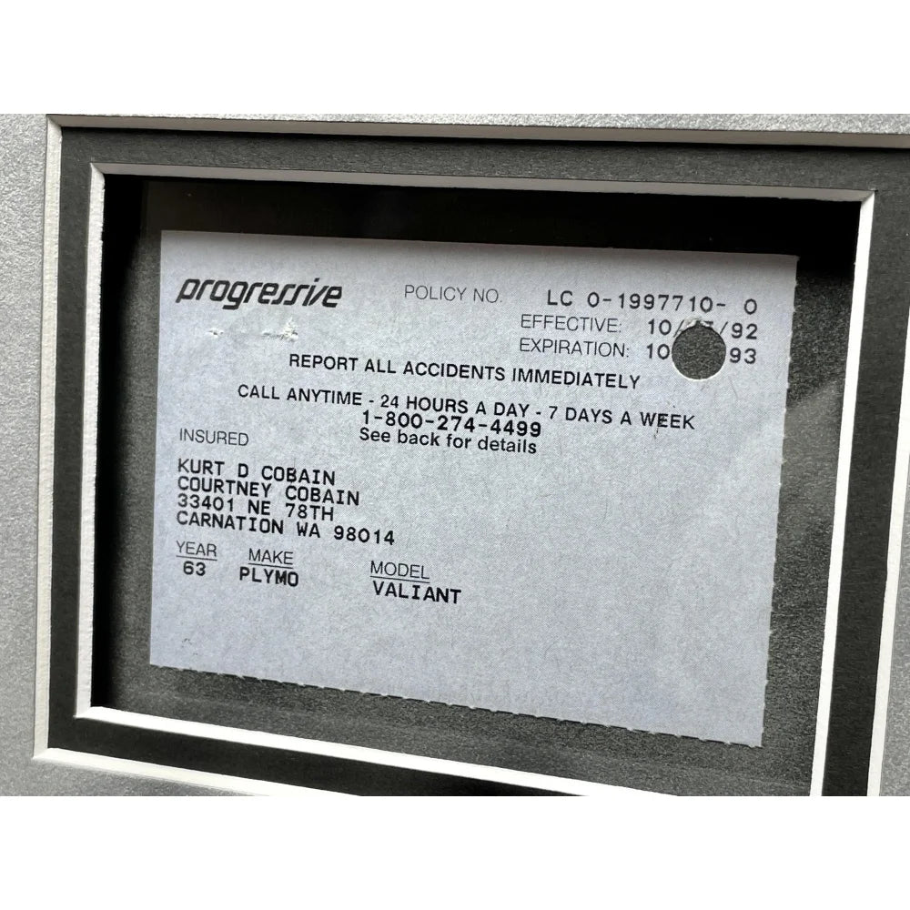 Kurt Cobain Personal Driver's Car Insurance ID Card Framed - Rare Nirvana Memorabilia - Perfect for Music Fans & Collectors