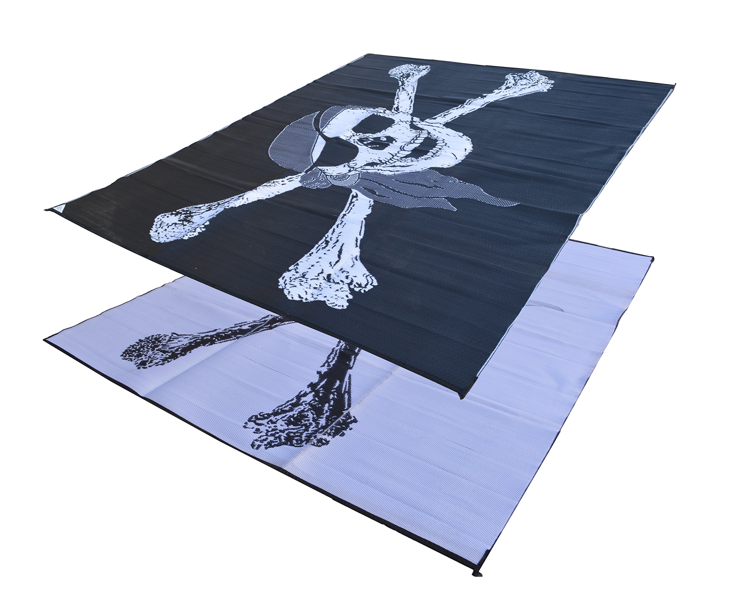 Reversible RV Outdoor Rug - 9x18 Feet Durable Camping Mat for Backyards, Beaches, Patios - Includes Storage Bag & Stakes (Black/White/Pirate Design) - Perfect for RV Trips, Picnics, Beach Days and Outdoor Gatherings