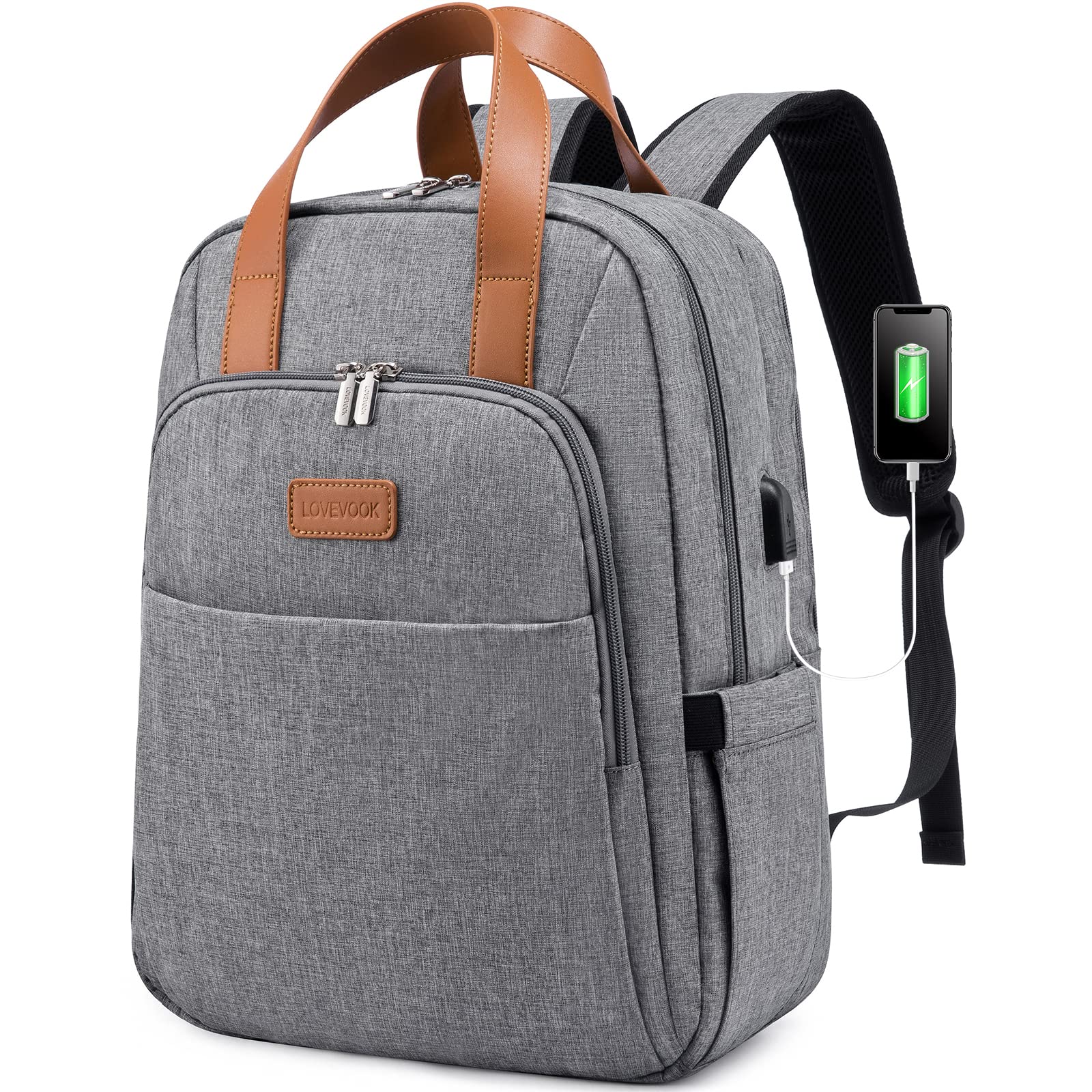 LOVEVOOK 15.6 Inch Laptop Backpack for Women - USB Charging Port, Waterproof College Bookbag, Stylish Work Backpack for Teacher, Nurse & Business Professionals (Grey) - Perfect for School, Office & Travel