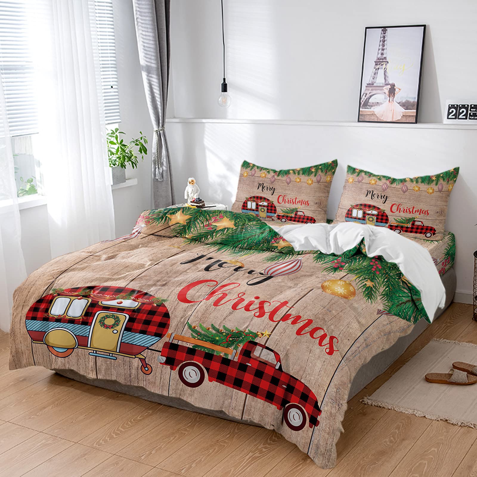 4-Piece Twin Duvet Cover Set - Merry Christmas Camper Truck Design, Ultra Soft Washed Microfiber Comforter Cover with Pillowcases & Sheet - Farmhouse Wood Grain with Pine Branches Pattern - Zipper Closure - Perfect for Holiday Bedroom Decor & Cozy Winter Nights