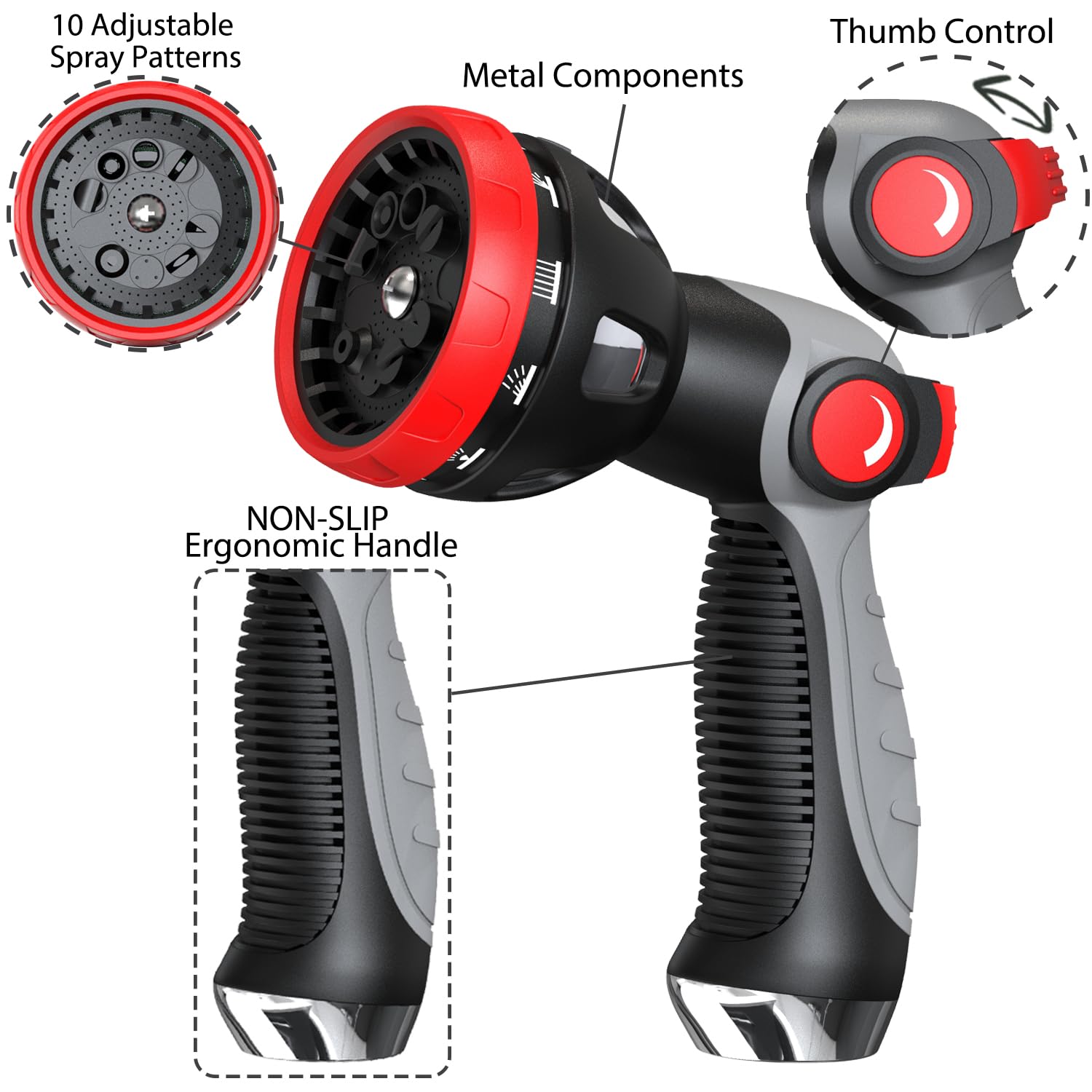 Metal High Pressure Hose Nozzle - 10 Adjustable Patterns for Garden, Lawn & Car Washing