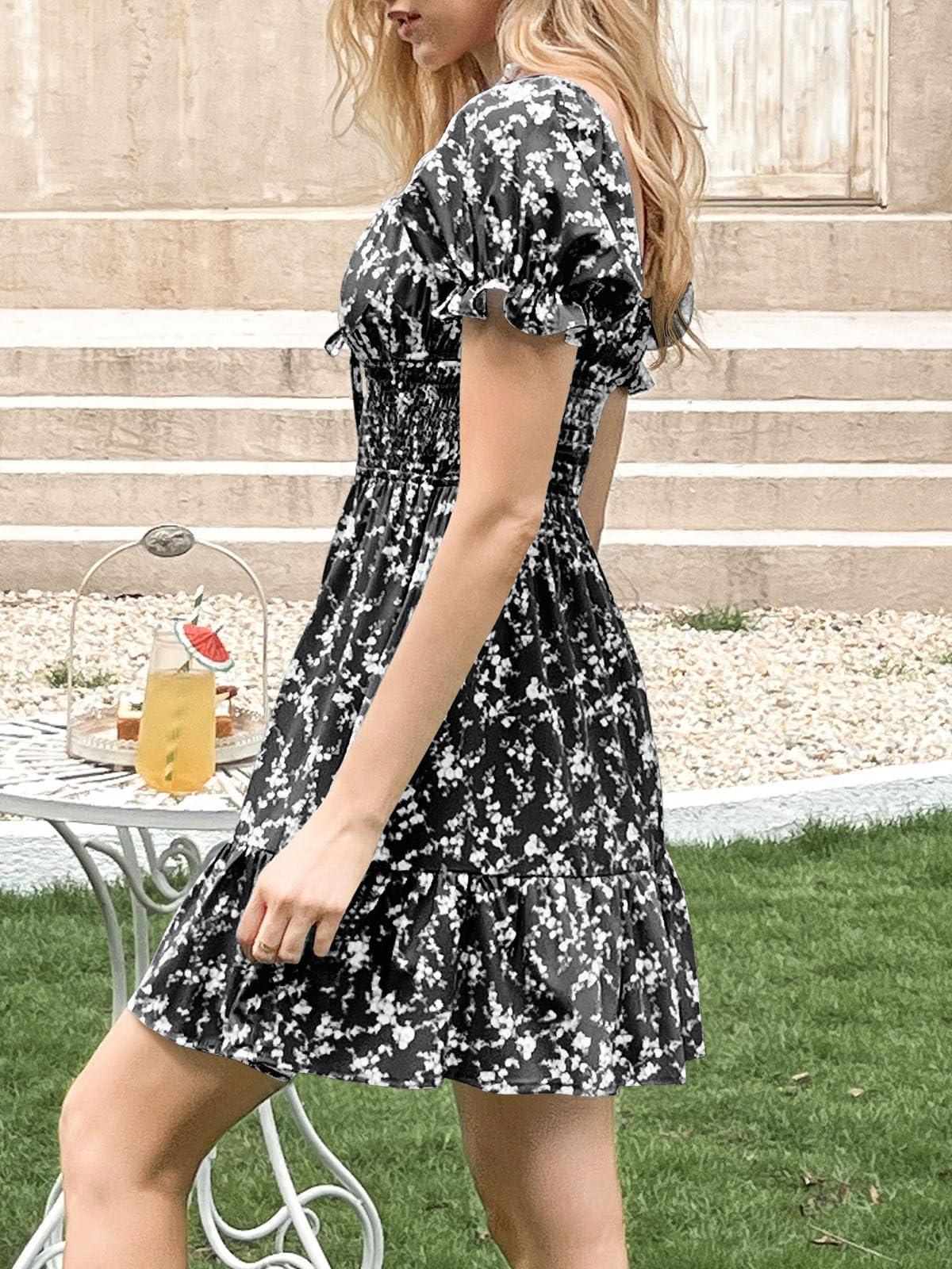 Imily Bela Women's Summer Dress - Ruffle Sleeve Square Neck Smocked Sun Dress, Casual Boho Floral Mini Dress for Beach, Vacation & Outdoor Parties