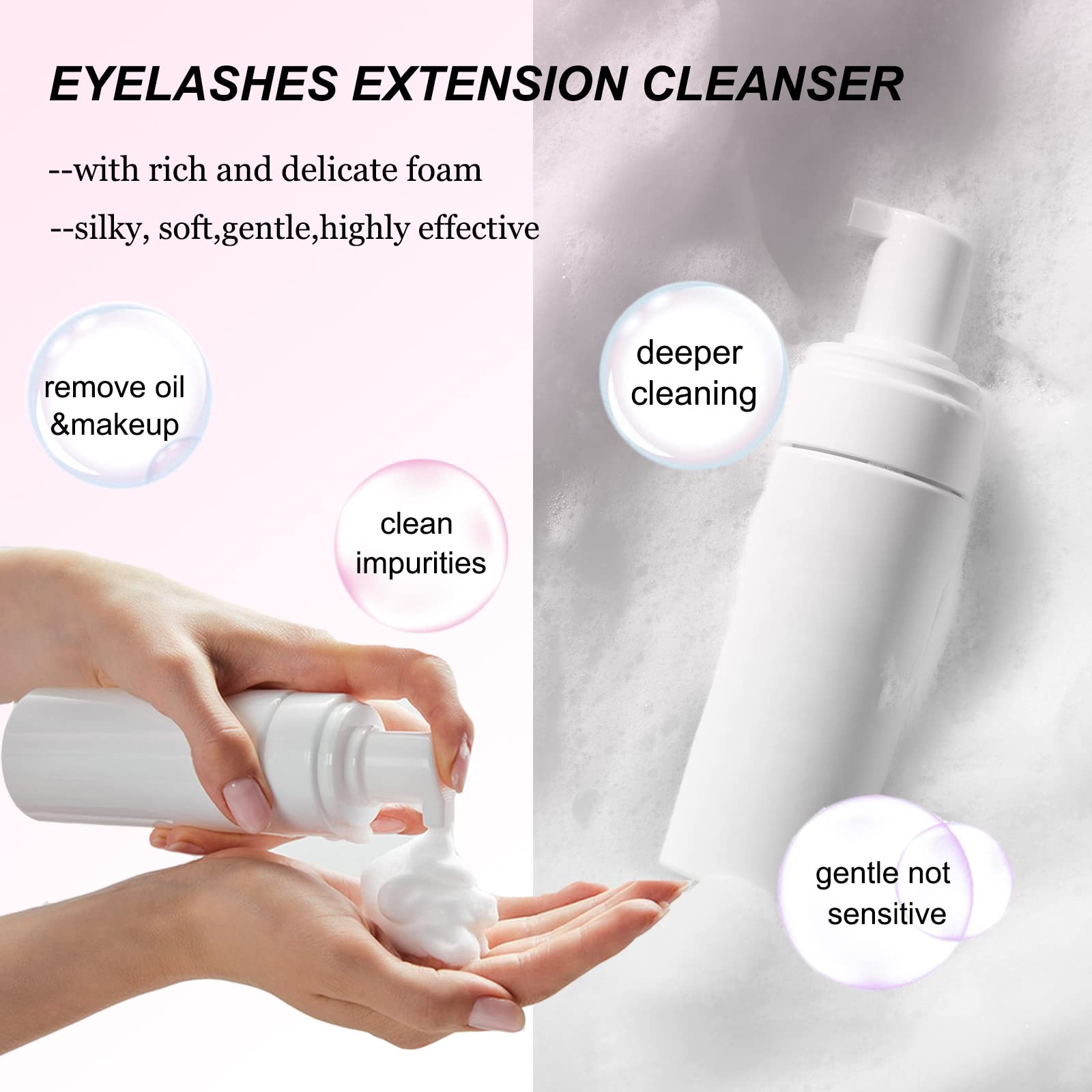 50ml Eyelash Extension Cleanser & Lash Shampoo Kit - Includes 50pcs Eyelash Brushes, Cleaning Brushes, Makeup Remover Pads & Rinse Bottle for Salon & Home Use (Pink) - Perfect for Lash Extension Aftercare & Gentle Cleansing