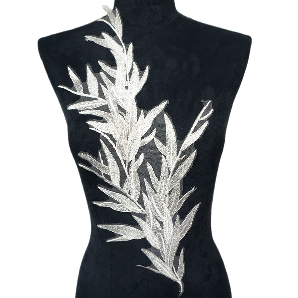 GELTDN White Feather Leaves Lace Mesh Fabric Appliques - DIY Sewing Patches for Evening Dresses, Wedding Decorations & Costume Embellishments - Perfect for Bridal Gowns, Prom Dresses and Home Decor Projects