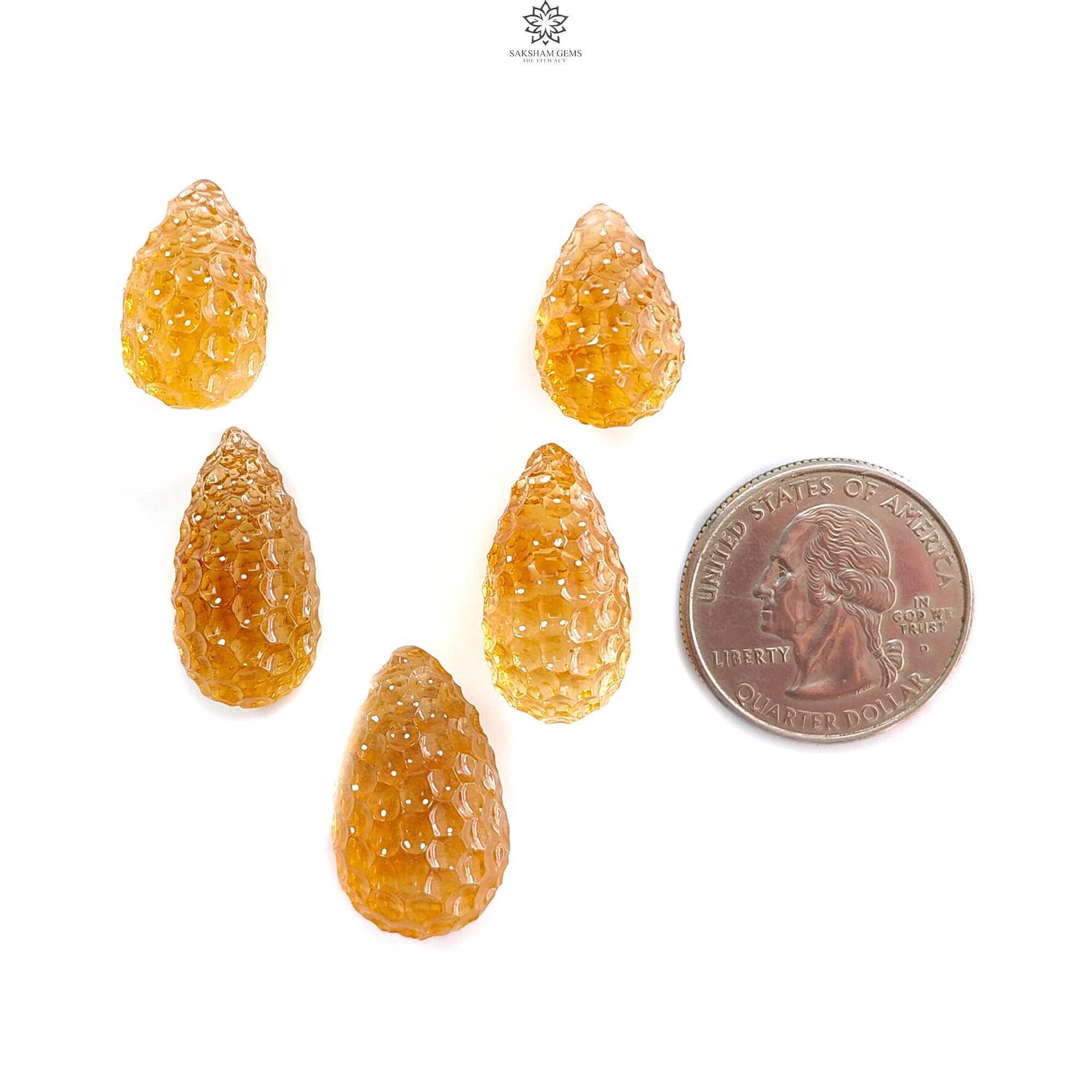 Natural Untreated Yellow Citrine Gemstone Carving - 93.50cts Hand Carved Teardrop Shape (18mm-24mm) 5-Piece Set - November Birthstone for Jewelry Making, Healing Crystals & Spiritual Gifts