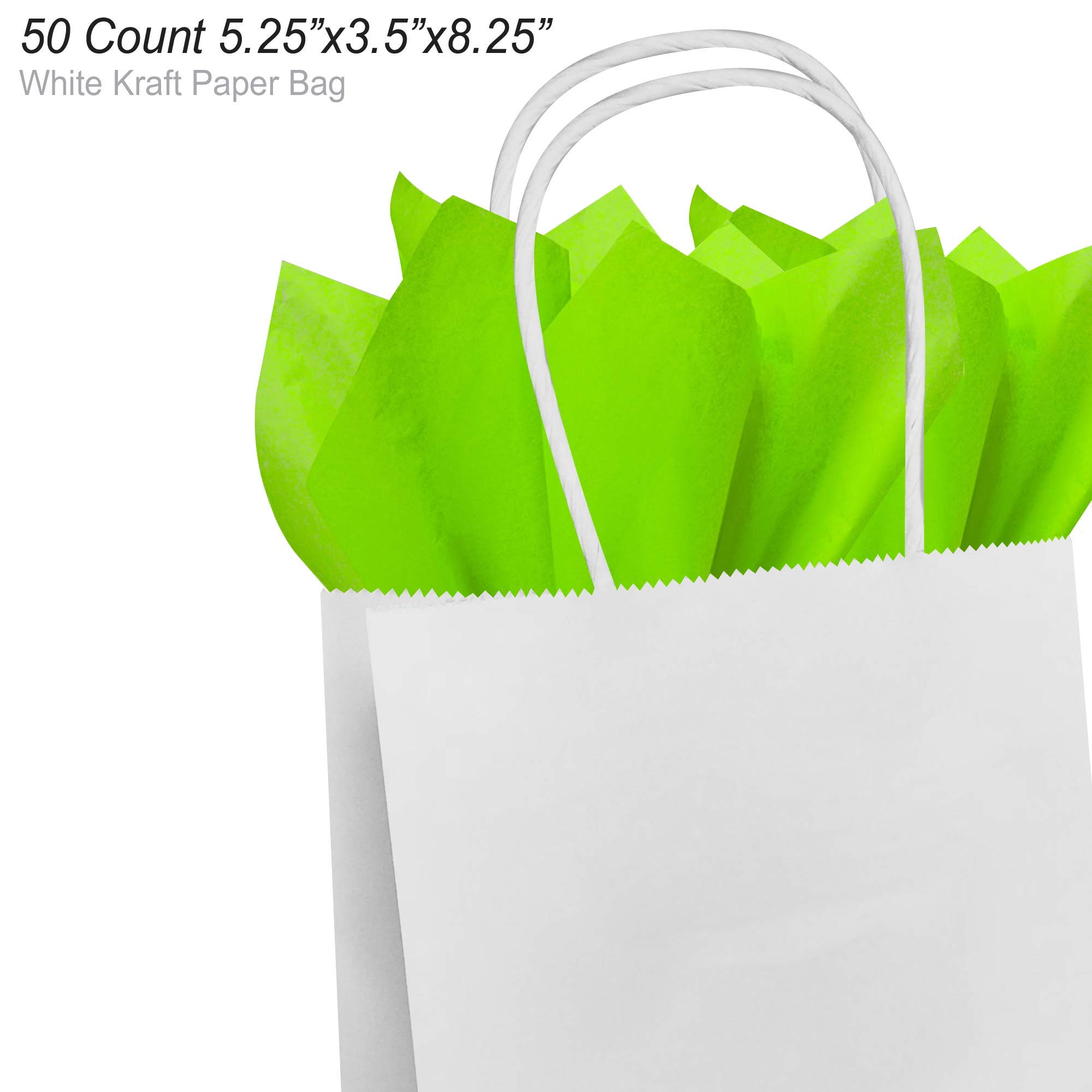 Eco-Friendly White Kraft Paper Gift Bags with Lime Green Tissue Wrap - 5.25