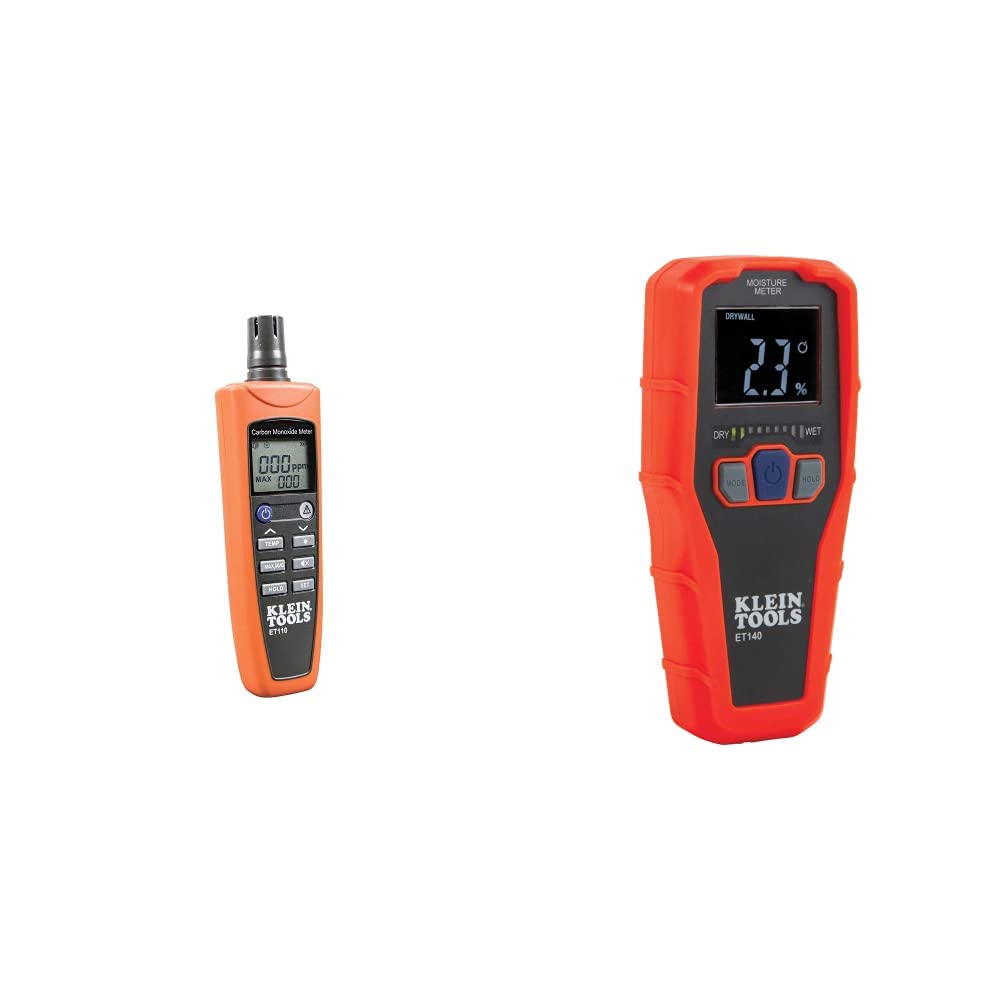 Klein Tools ET110 Digital Carbon Monoxide Detector & ET140 Pinless Moisture Meter Combo - CO Gas Leak Tester & Non-Invasive Wood Moisture Sensor (Detects Up to 3/4-Inch Depth) - Ideal for Home Safety Inspections & Construction Projects