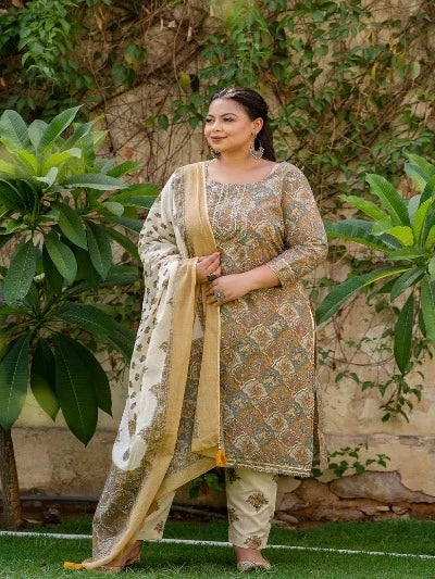 Plus Size Light Brown Cotton Printed Ready-Made Salwar Suit for Women | Comfortable Ethnic Wear for Festivals & Special Occasions