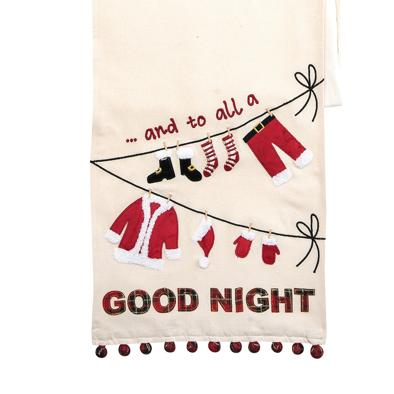 Christmas Table Runner - Santa Clothes on Clothesline Design with Red Pom Poms, 12x72 Inch Cotton Embroidered Holiday Decor for Dining Table, Buffet, and Festive Home Decoration