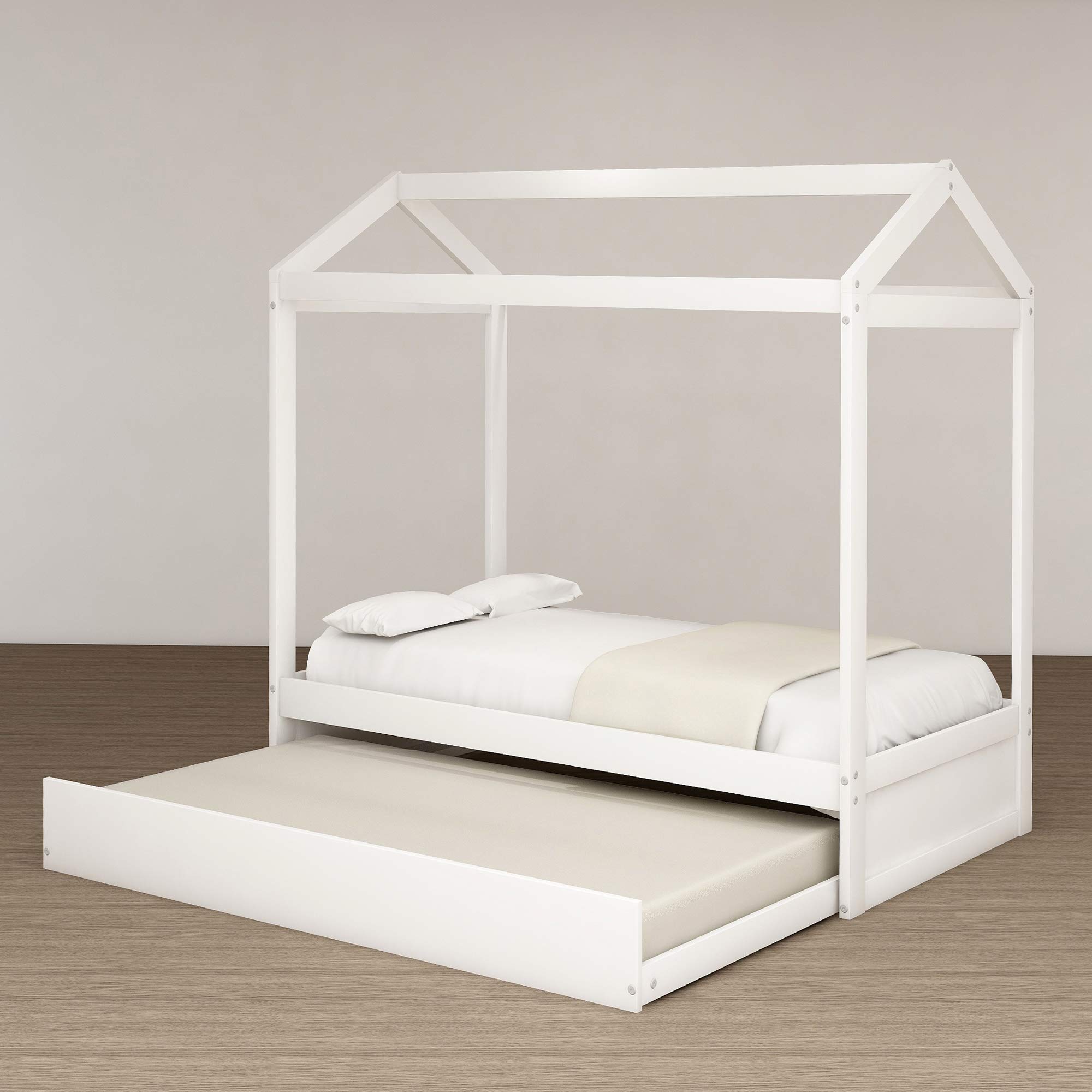 Twin Size Wooden House Bed with Trundle - Kids Daybed Frame for Toddlers, Teens, Boys & Girls - White Children's Bedroom Furniture for Playrooms, Guest Rooms & Cozy Sleep Spaces