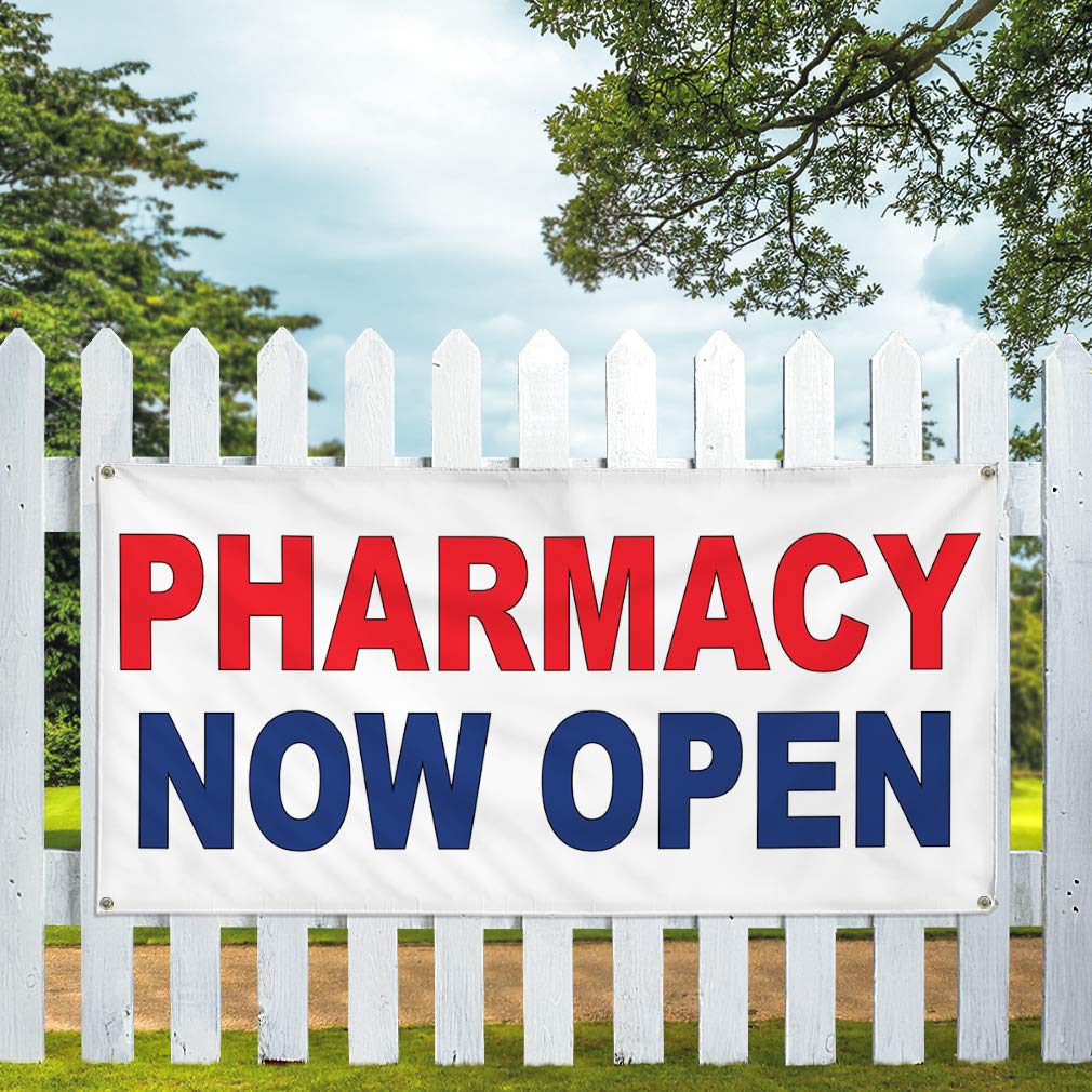 Pharmacy Now Open Vinyl Banner - Weatherproof Outdoor Business Sign with 8 Grommets (48x96 Inches) - Red & Blue Industrial Yard Sign for Storefronts, Grand Openings & Promotions