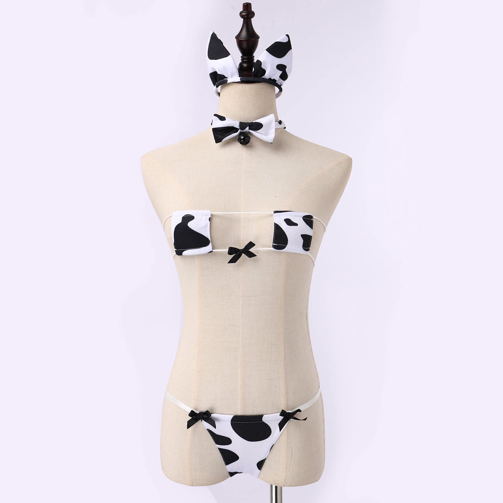 IMEKIS Women's Sexy Anime Cow Maid Costume Set - Lolita Japanese Cosplay Teddy Lingerie with Mini Bikini Bra & Kawaii Underwear Outfit for Halloween, Cosplay Parties & Roleplay