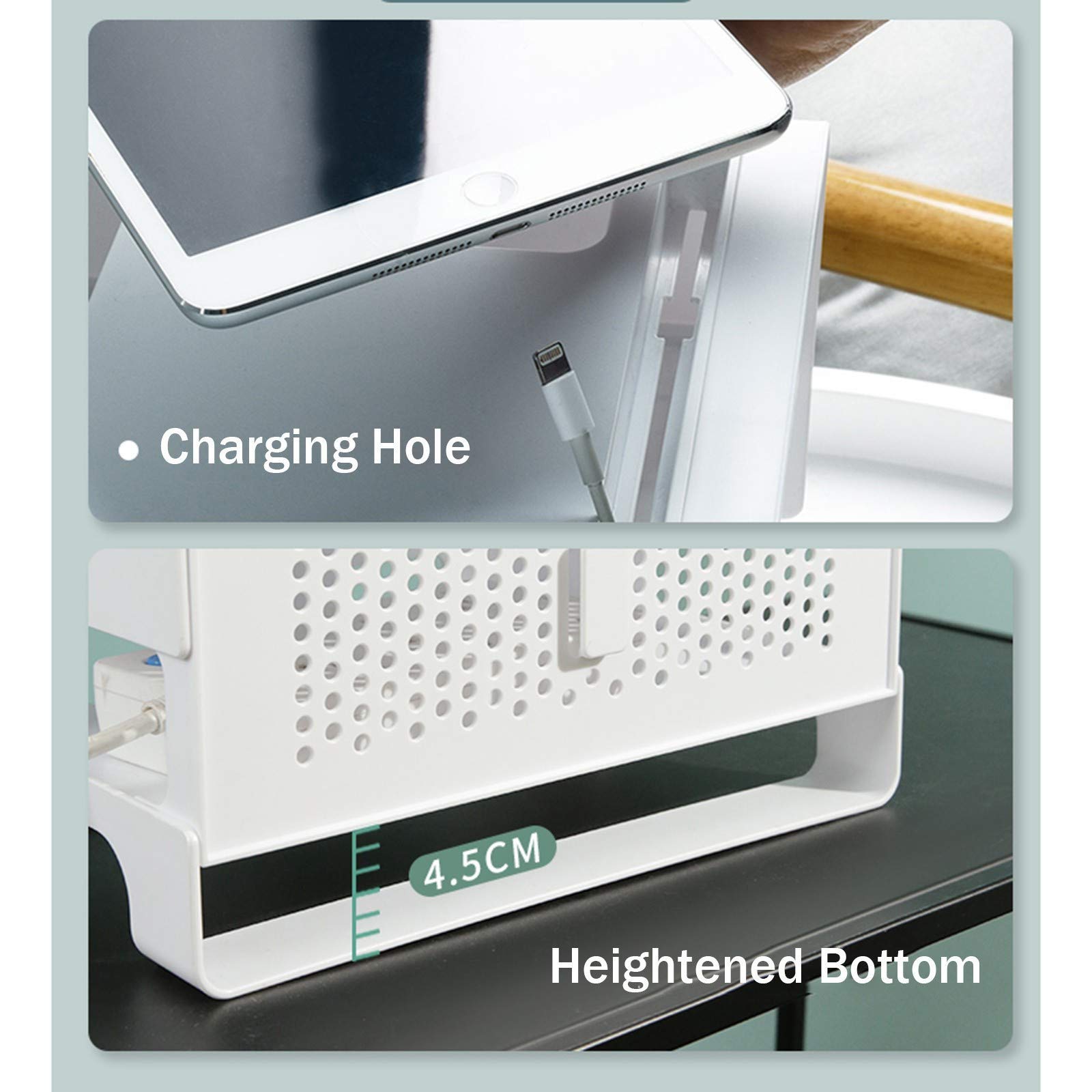 Router Storage Box & Cable Management Organizer - White Double-Layer Hollow Desktop Organizer with Heat Dissipation for Wires, Cables, Set-top Box | Perfect for Home Office, Gaming Setup & TV Stand Organization