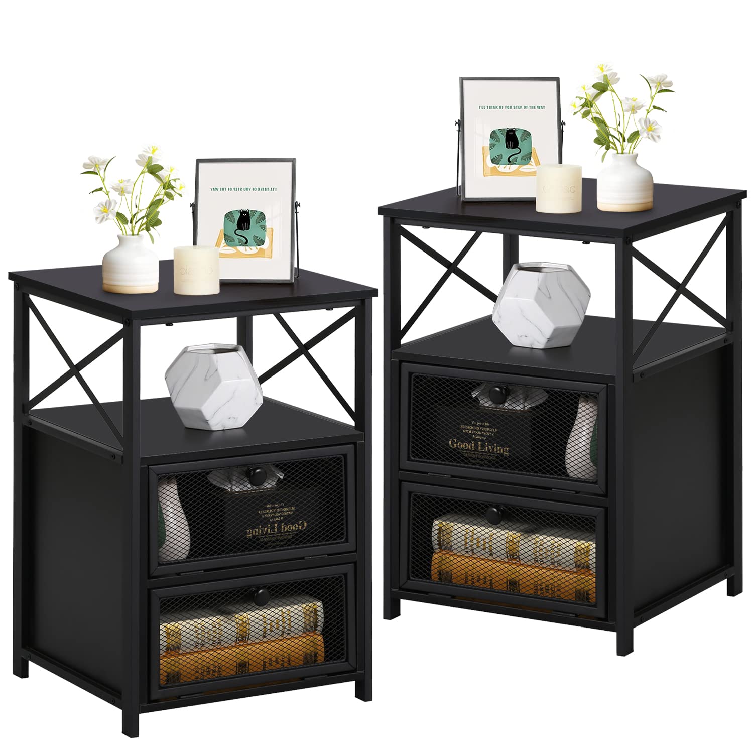 VECELO Modern Nightstand with Storage Drawer & Door - X-Design End Table for Bedroom, Living Room, Office - Space Saving Night Stand Set of 2 in Black - Perfect for Small Spaces & Apartment Decor