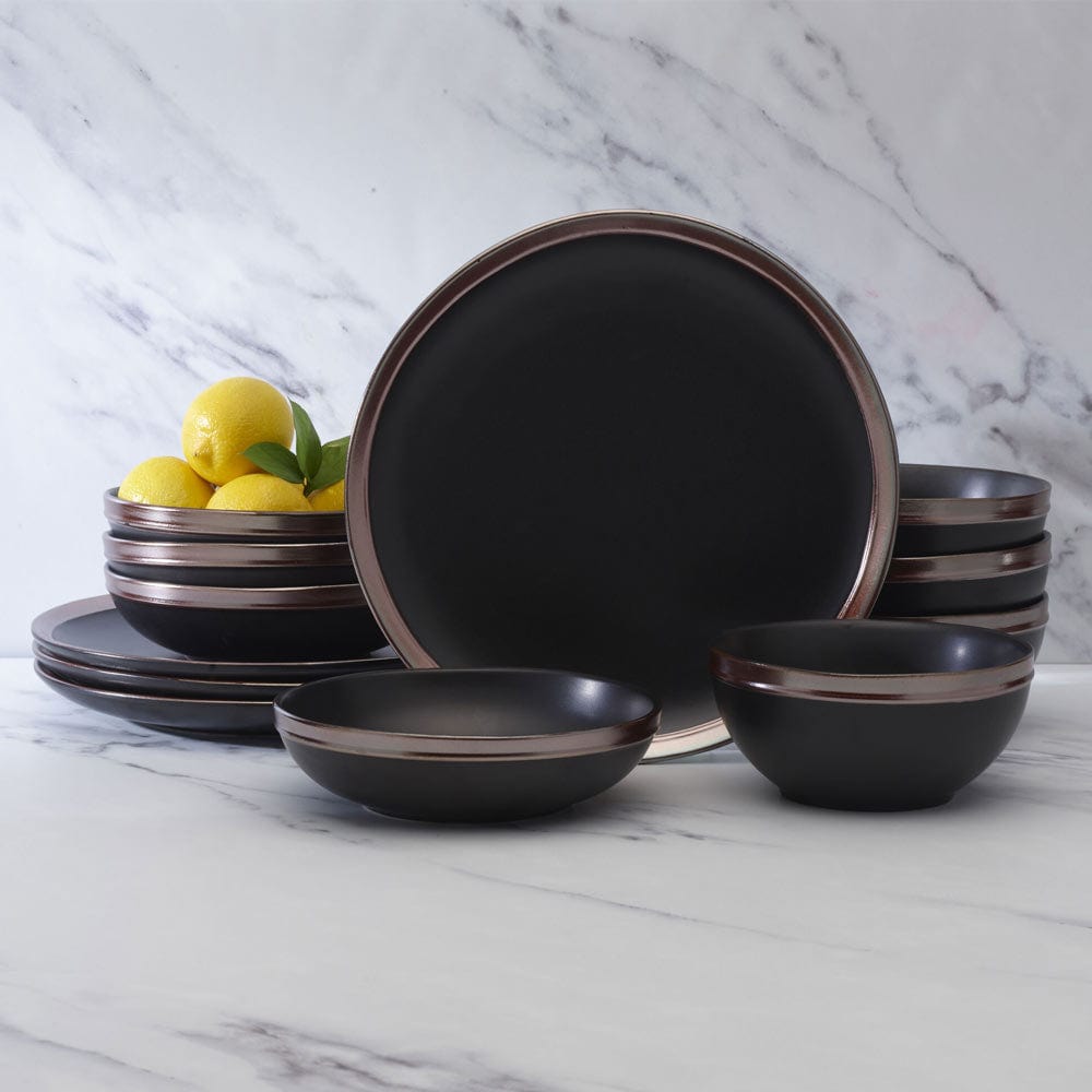 Premium Miller Black 12-Piece Dinnerware Set - Service for 4 People - Elegant Porcelain Plates, Bowls & Mugs - Perfect for Family Dinners, Dinner Parties & Holiday Gatherings
