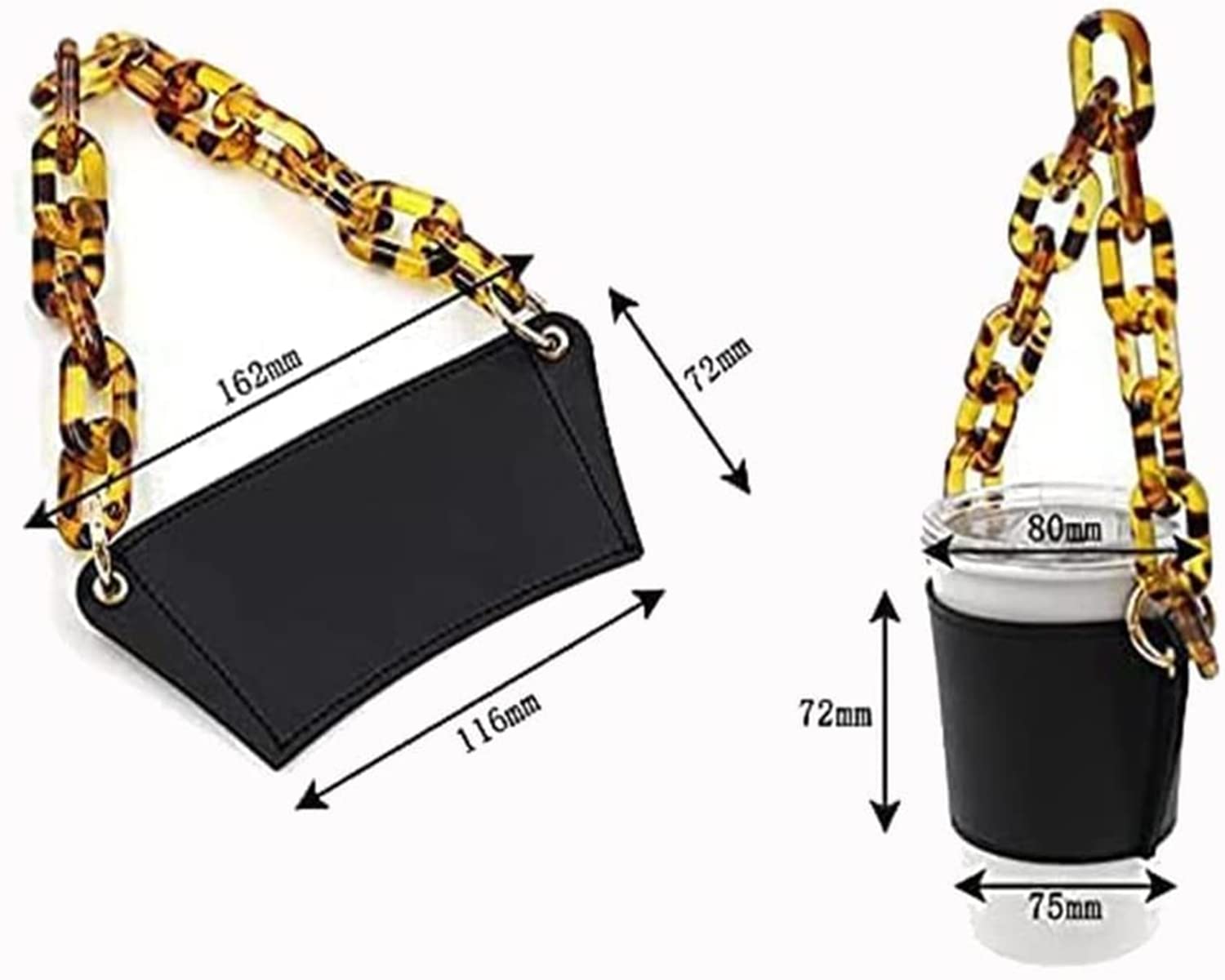 Premium Leather Coffee Cup Sleeve with Detachable Metal Chain - Reusable Insulated Travel Mug Holder for Hot/Cold Drinks - Perfect for Commuting, Office Use & Outdoor Activities (Black)
