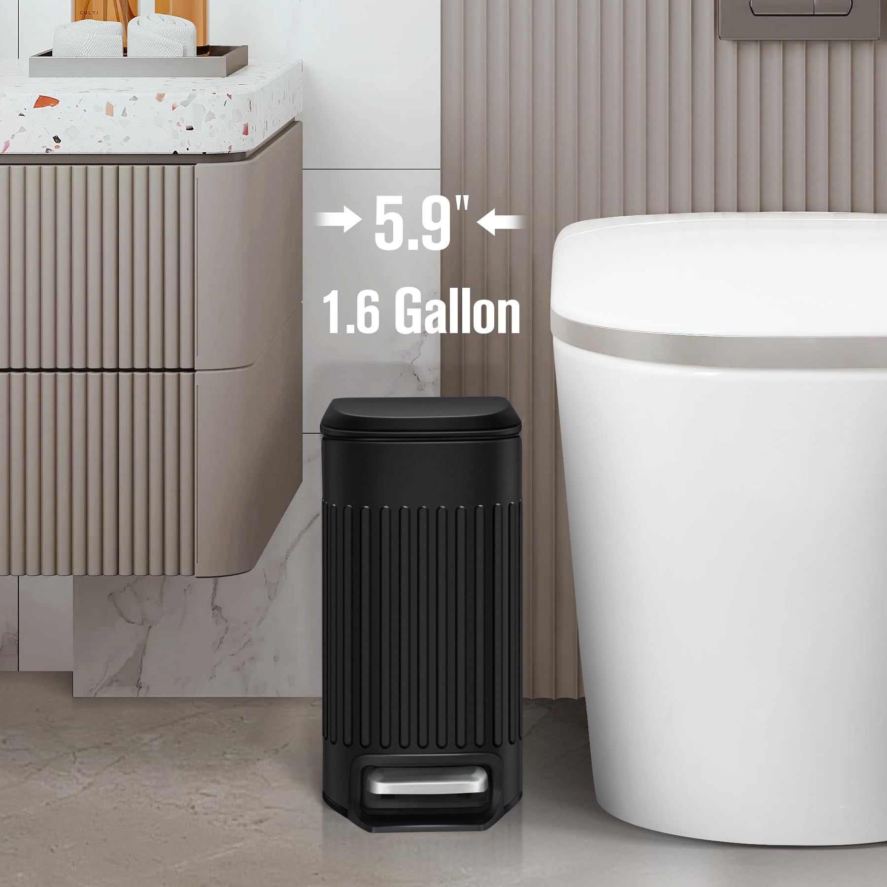 Cesun 1.6 Gallon Small Stainless Steel Bathroom Trash Can with Lid & Foot Pedal - Slim Matte Black Waste Basket for Bathroom, Office, Bedroom & Laundry - Perfect for Small Spaces & Odor Control