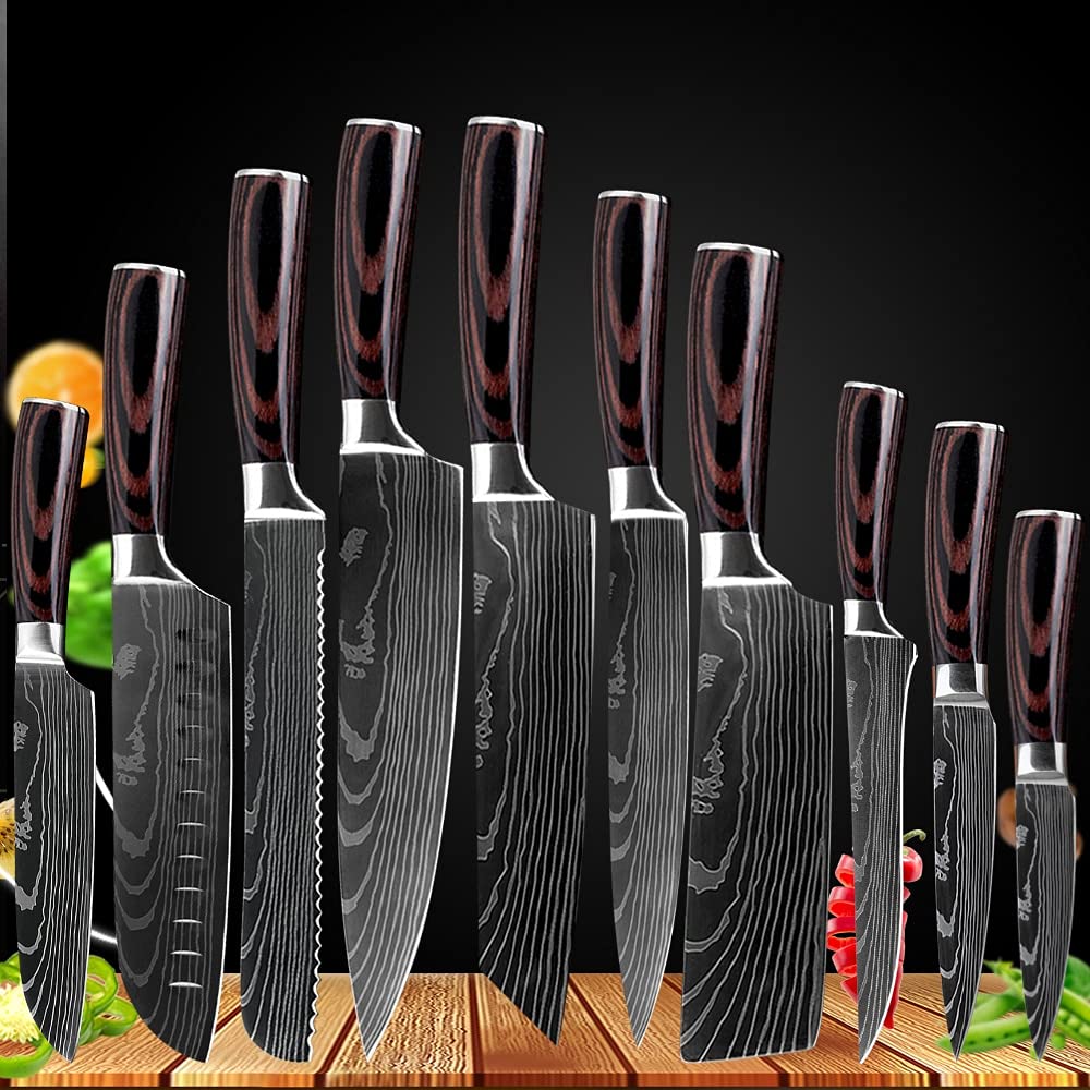 Premium Damascus Steel Japanese Chef Knife Set - 10-Piece Kitchen Knife Collection with Santoku, Utility & Slicing Knives for Professional Cooking & Food Prep | BY ZZYY