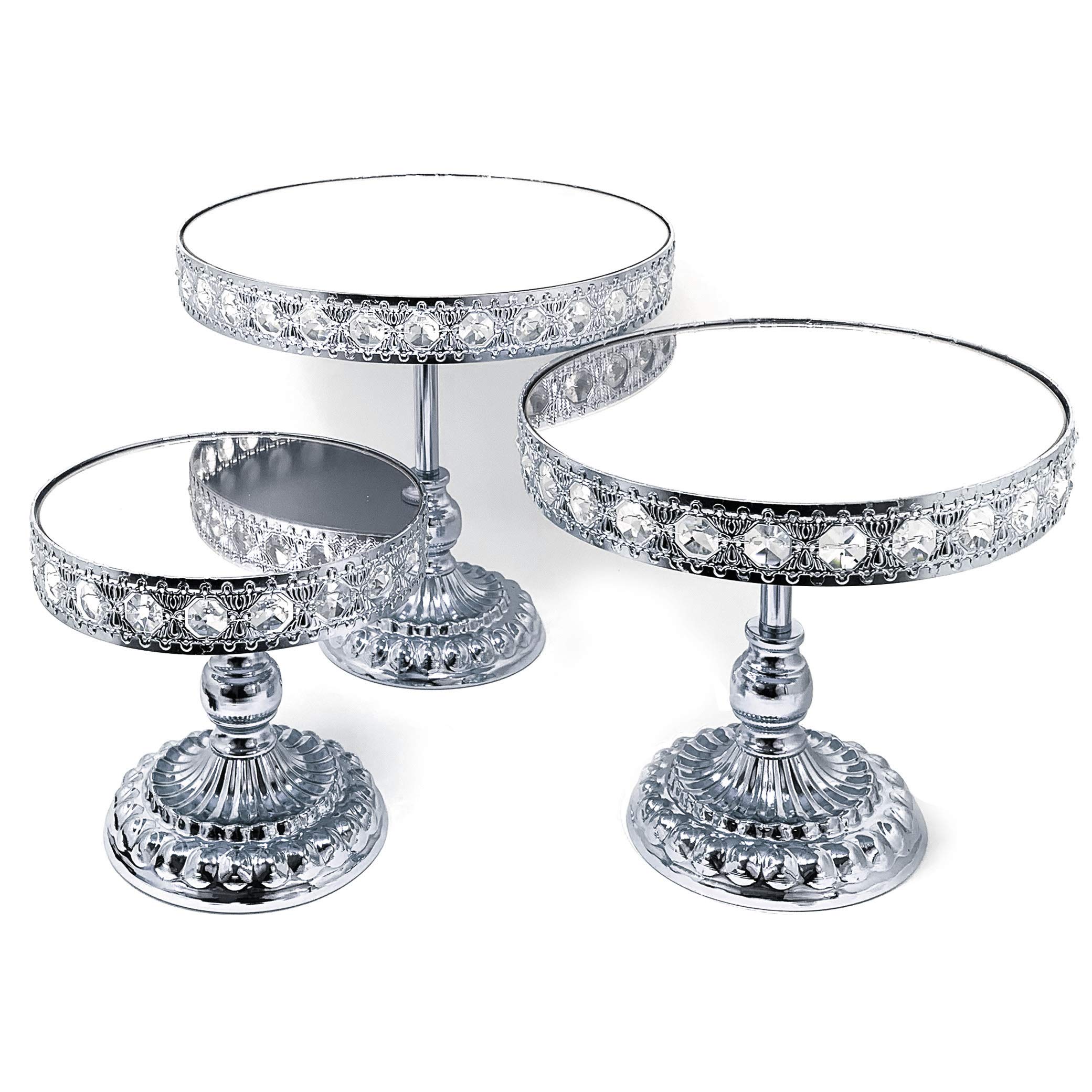 Allgala 3-Piece Silver Chrome Plated Crystal Dessert Stand Set with Mirror Plate - Elegant Cake & Cupcake Display for Weddings, Parties, and Tea Time (HD89209)