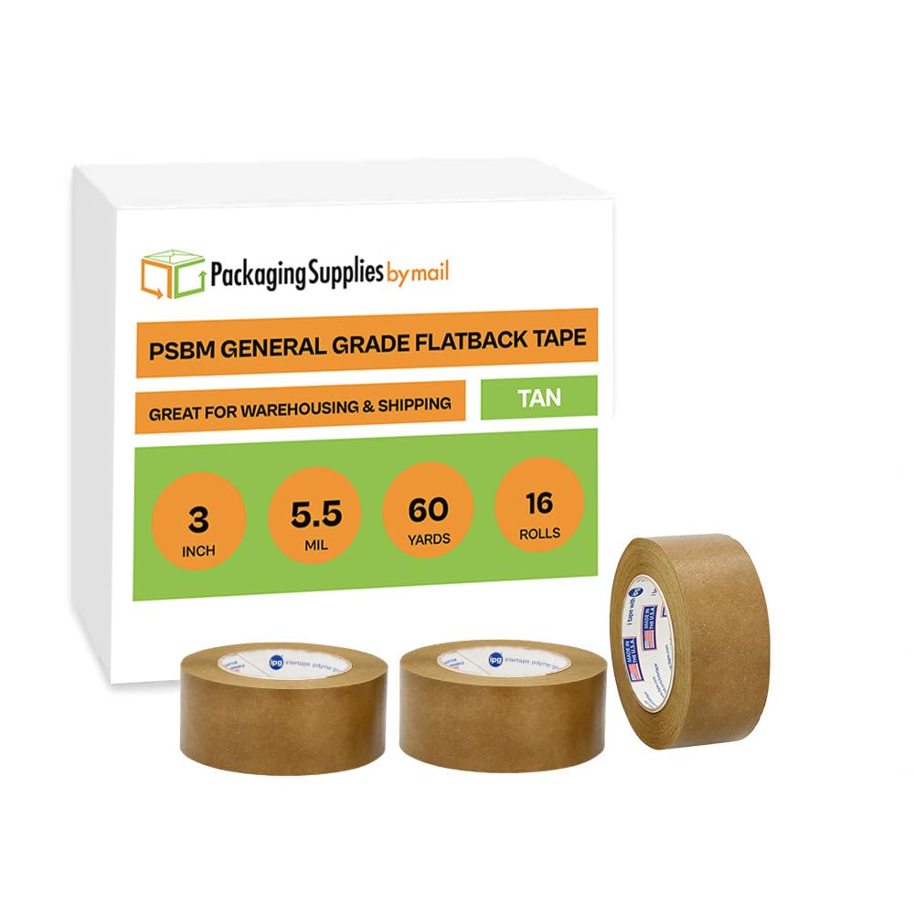 PSBM 3 Inch x 60 Yards Kraft Brown Self Adhesive Flatback Packaging Tape - 16 Pack for Shipping Boxes, Moving Supplies & Ecommerce Packaging