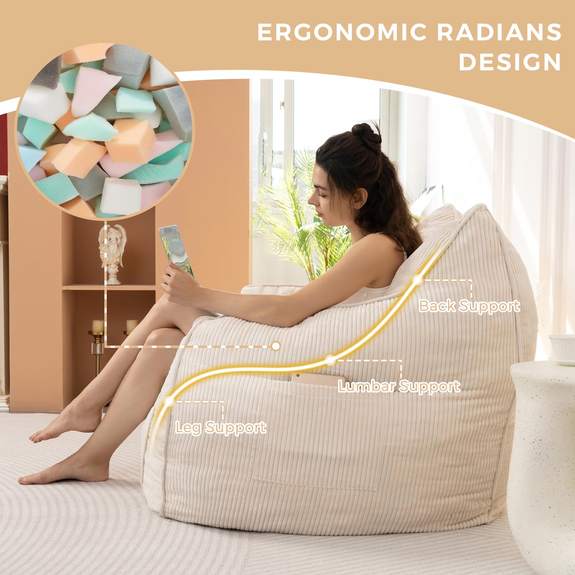 MAXYOYO High-Density Foam Bean Bag Chair Sofa - Soft & Comfortable Beige Lounge Chair for Living Room, Bedroom, Dorm, or Game Room - Perfect for Relaxing, Reading & Gaming
