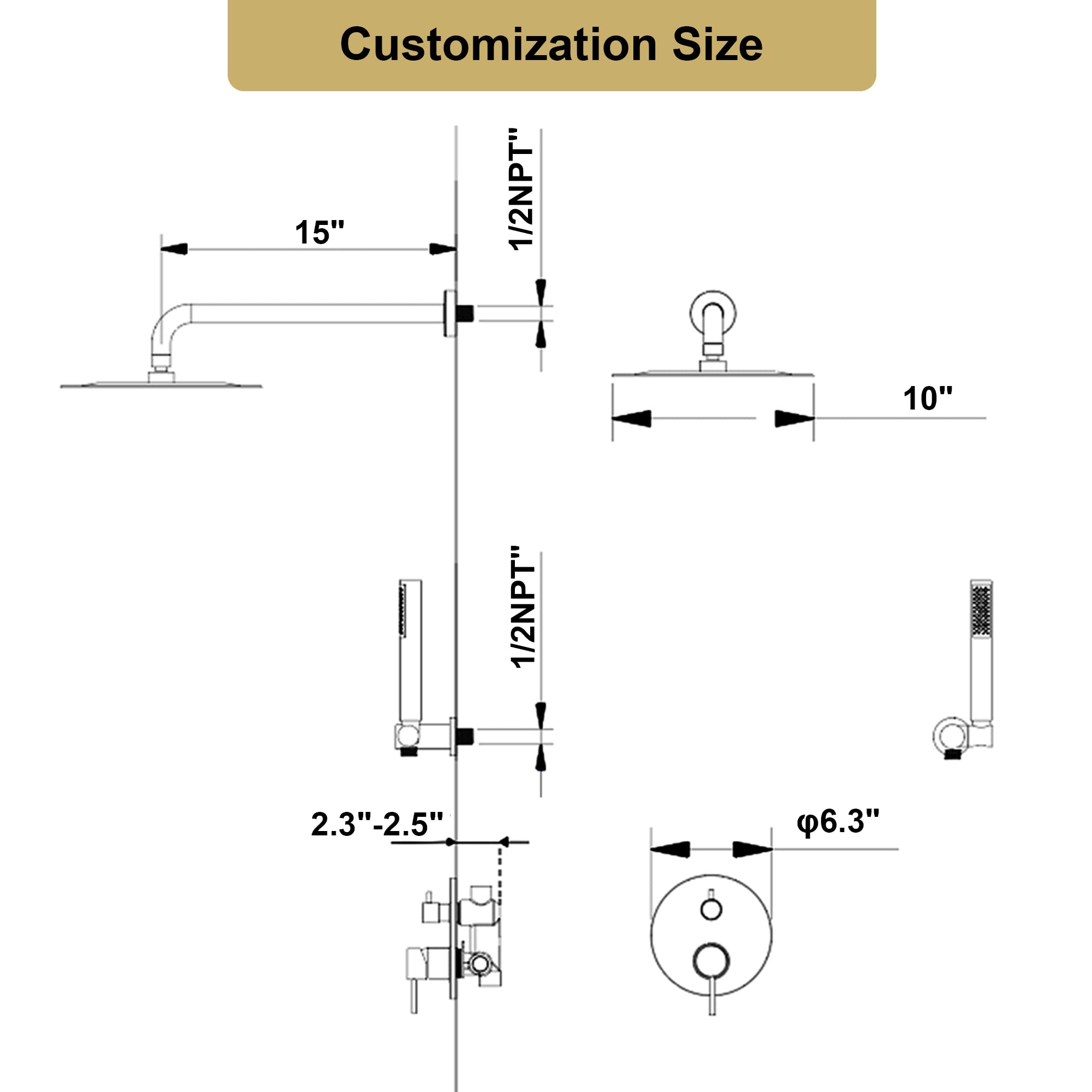 10 Inch Brushed Gold Wall Mount Shower Faucet Set - High Pressure Rainfall Shower Head with Handheld Spray - Brass Bathroom Shower System for Luxury Spa Experience