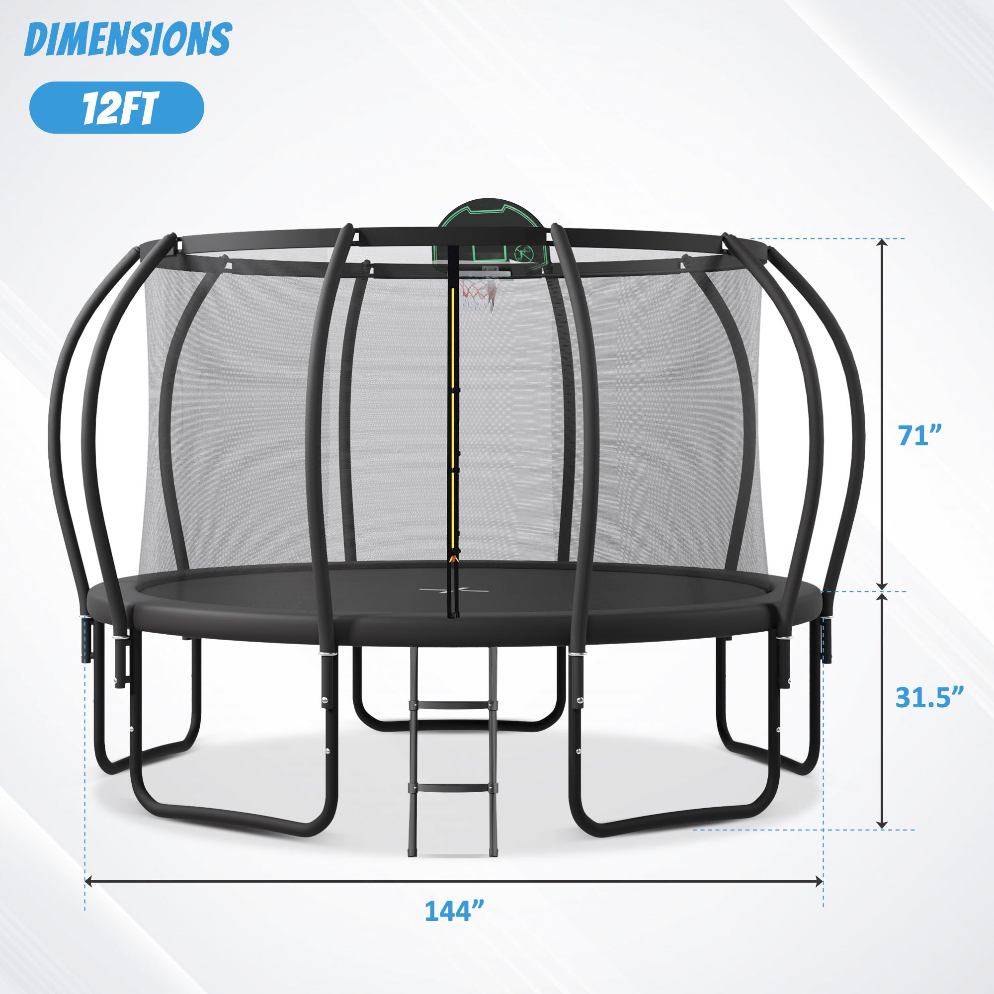 12FT Kids Trampoline with Safety Enclosure - Upgraded ArcPole & Composite TopLoop, Includes Basketball Hoop & 10 Ground Stakes | Outdoor Backyard Play Equipment for Physical Exercise & Family Fun | Perfect for Birthday Gifts, Garden Activities & Kids Fitness Training