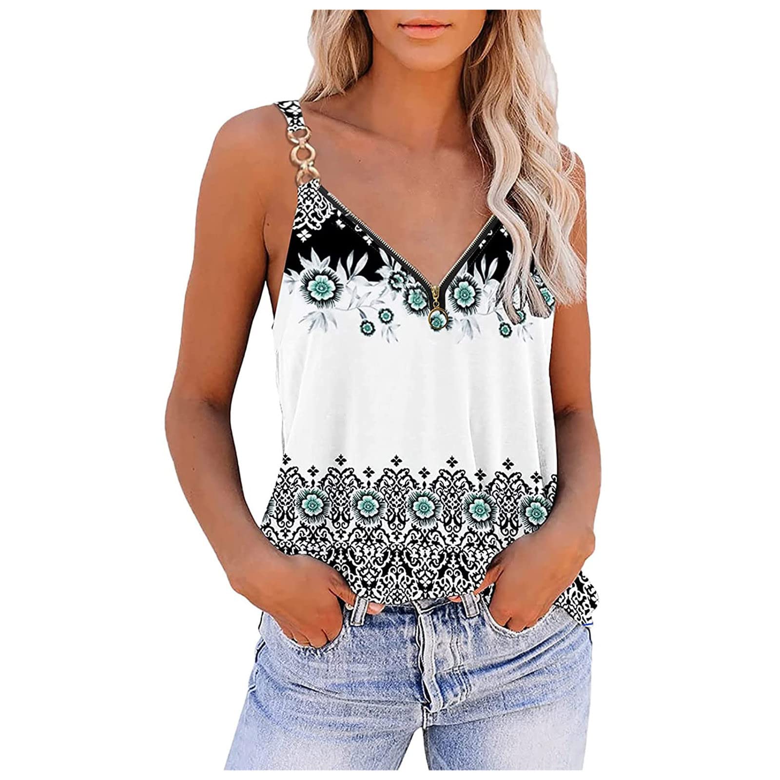 Women's Summer Cami Tank Tops - V-Neck Zipper Printed Sleeveless Blouse, Trendy Casual Loose Tunic Shirt for Going Out | Perfect for Beach, Vacation & Summer Outfits
