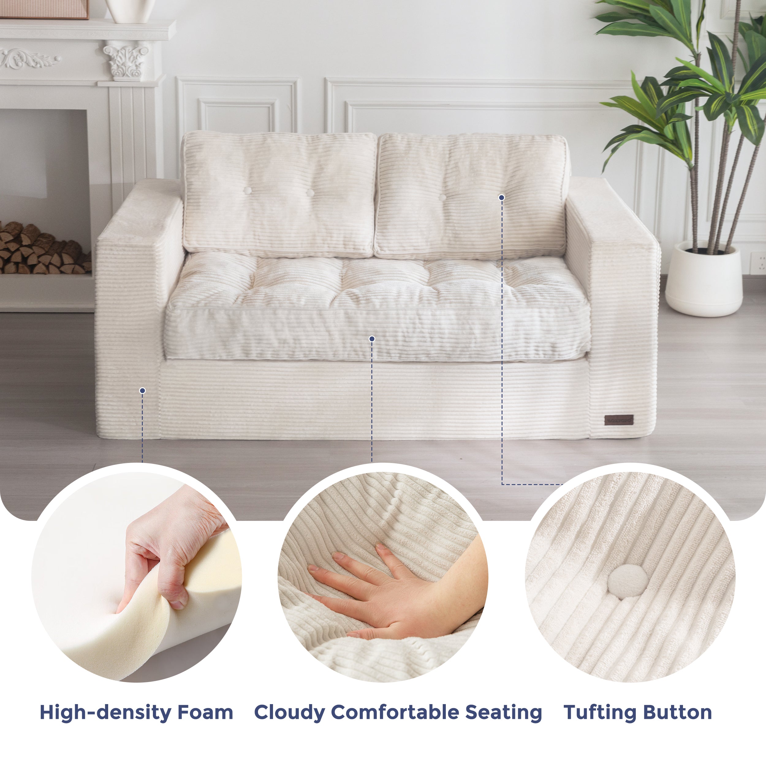 MAXYOYO Large Bean Bag Chair for Adults - Soft Upholstered Floor Sofa with Armrests, Tufted Cushion & Backrest - Portable Sofa in A Box - Perfect for Bedroom, Living Room & Dorm - Comfortable Beige Boneless Couch for Relaxing, Gaming & Movie Nights