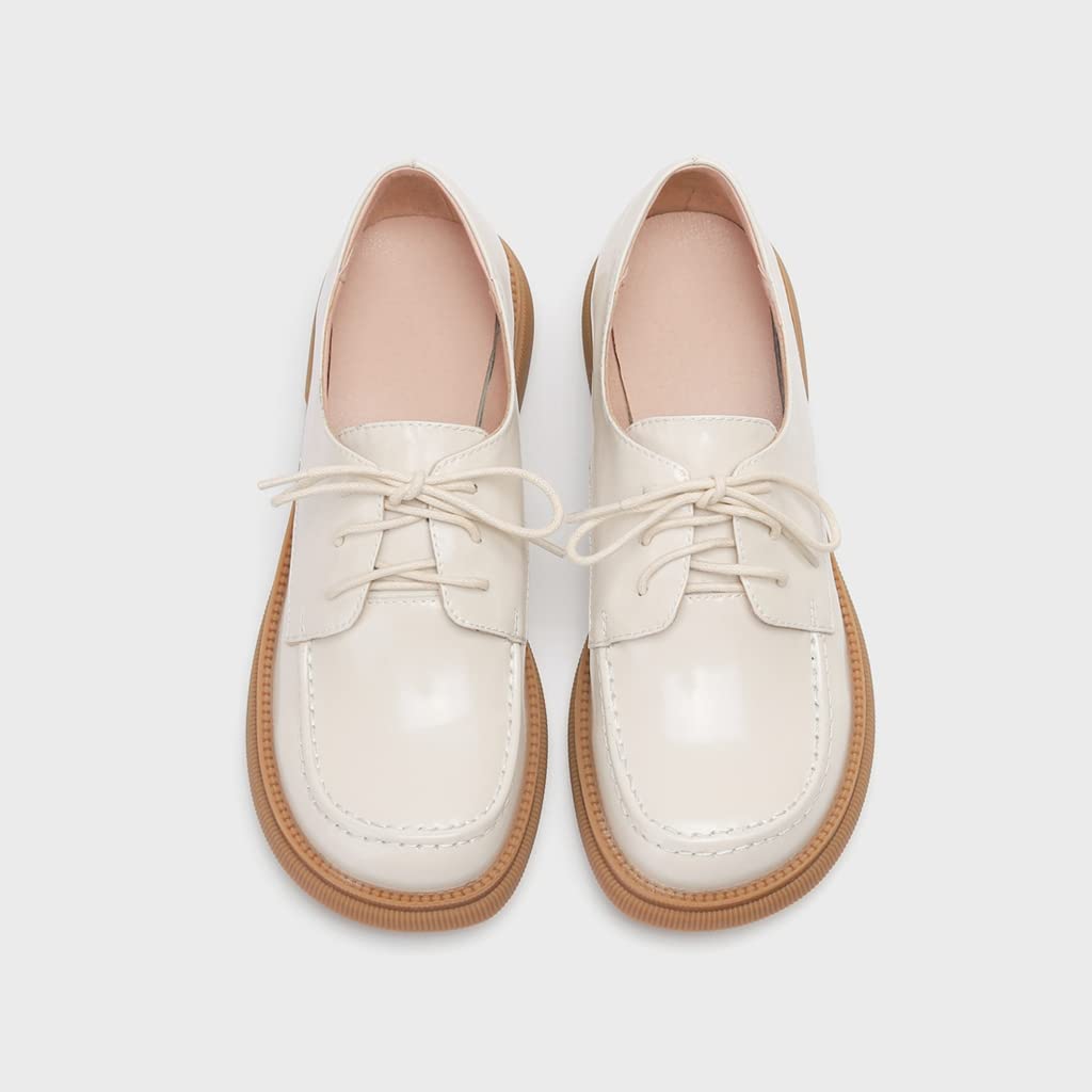 Women's Classic Lace-Up Oxford Shoes - Patent Leather Round Toe Flats with Low Heel - Comfortable Slip-On Loafers for Work, Office & Formal Occasions