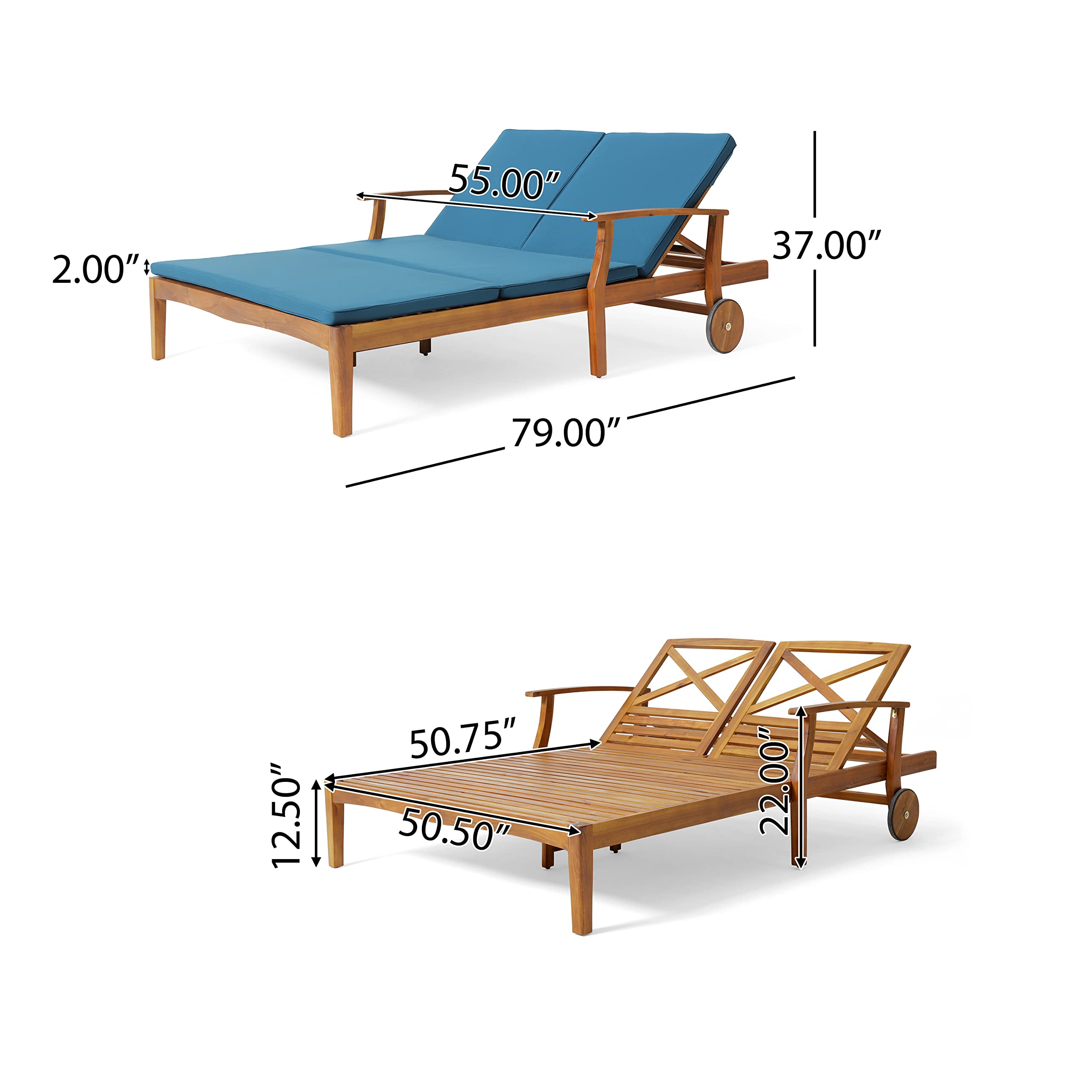 Premium Acacia Wood Double Chaise Lounge Chairs - All-Weather Outdoor Patio Daybed with Adjustable Backrest & Cushions for 2 - Perfect for Poolside Relaxation, Backyard Lounging, and Sunbathing
