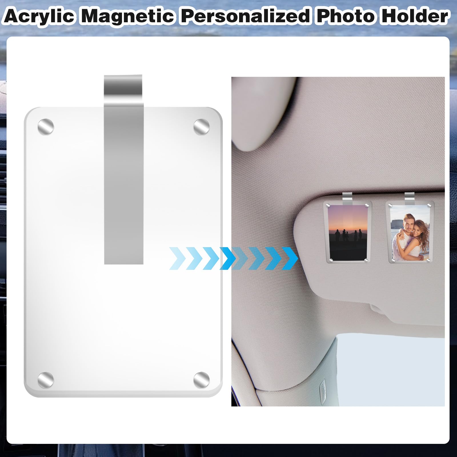 2Pcs Magnetic Car Photo Holder - Acrylic Personalized Picture Frame for Visor Clip, Car Accessories for Family & Personal Photos | Perfect for Road Trips, Commuting & Gifts